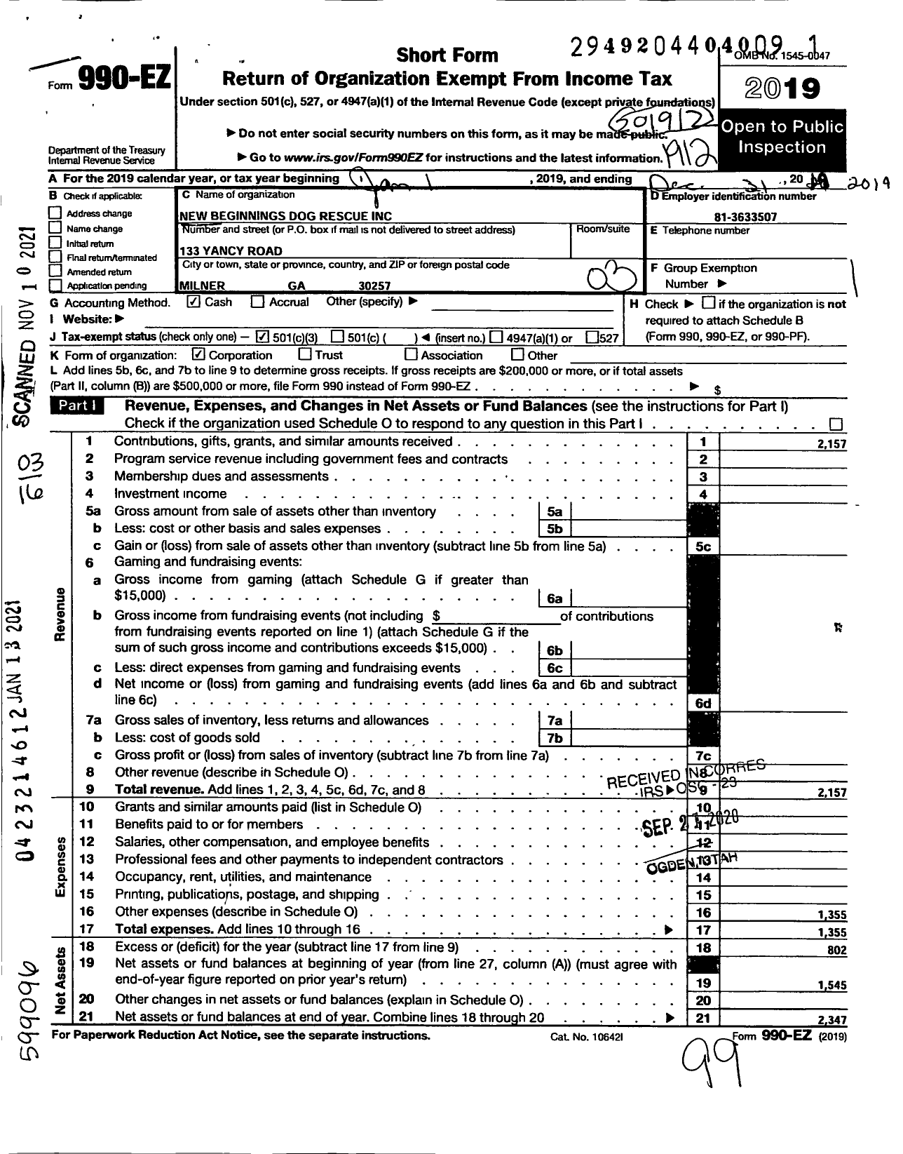 Image of first page of 2019 Form 990EZ for New Beginnings Dog Rescue