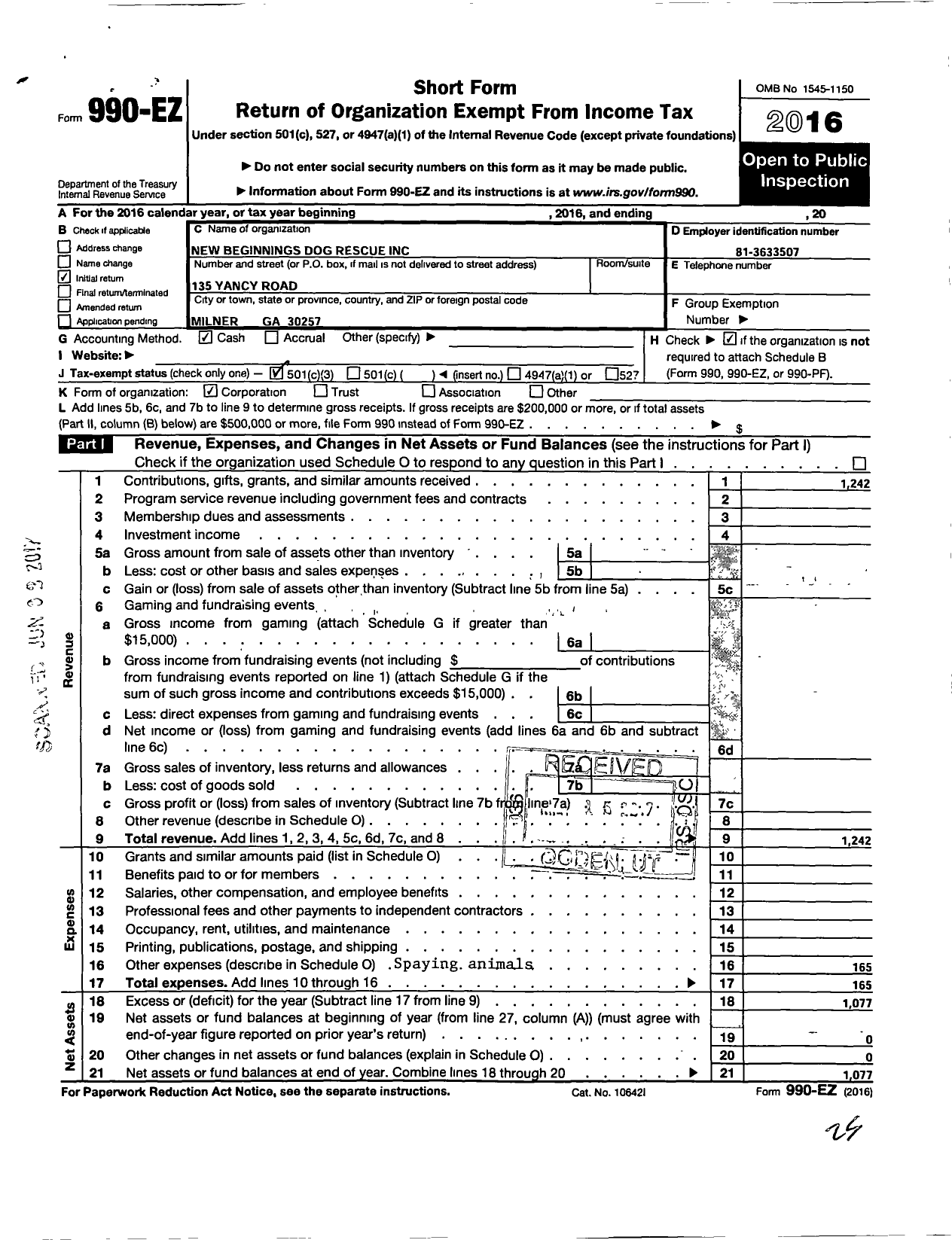 Image of first page of 2016 Form 990EZ for New Beginnings Dog Rescue