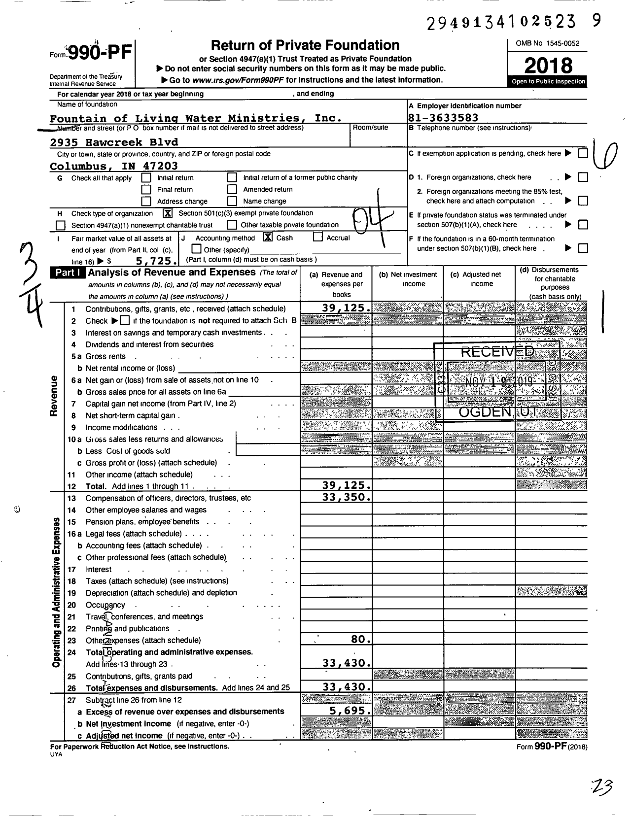 Image of first page of 2018 Form 990PF for Fountain of Living Water Ministries