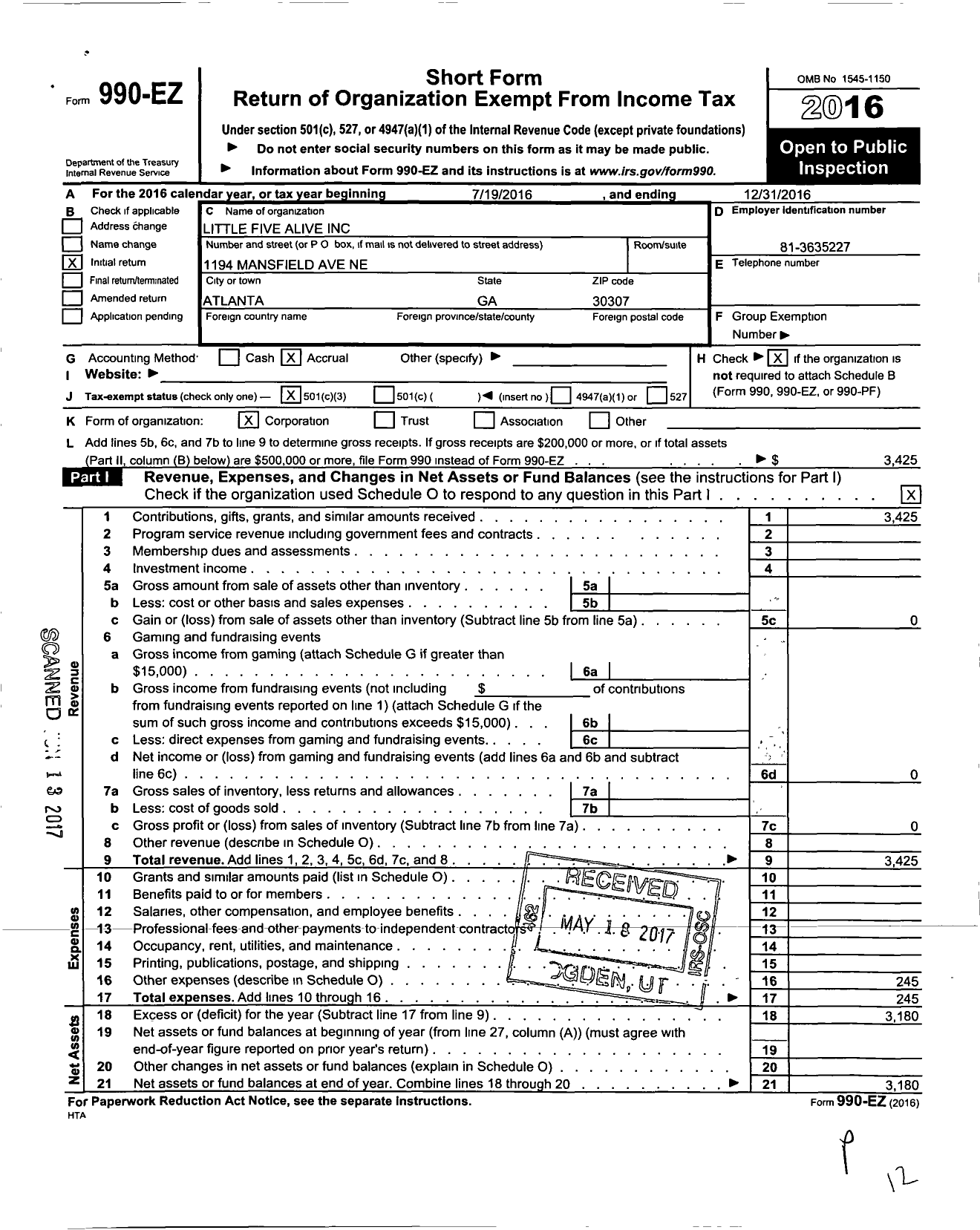 Image of first page of 2016 Form 990EZ for Little Five Alive