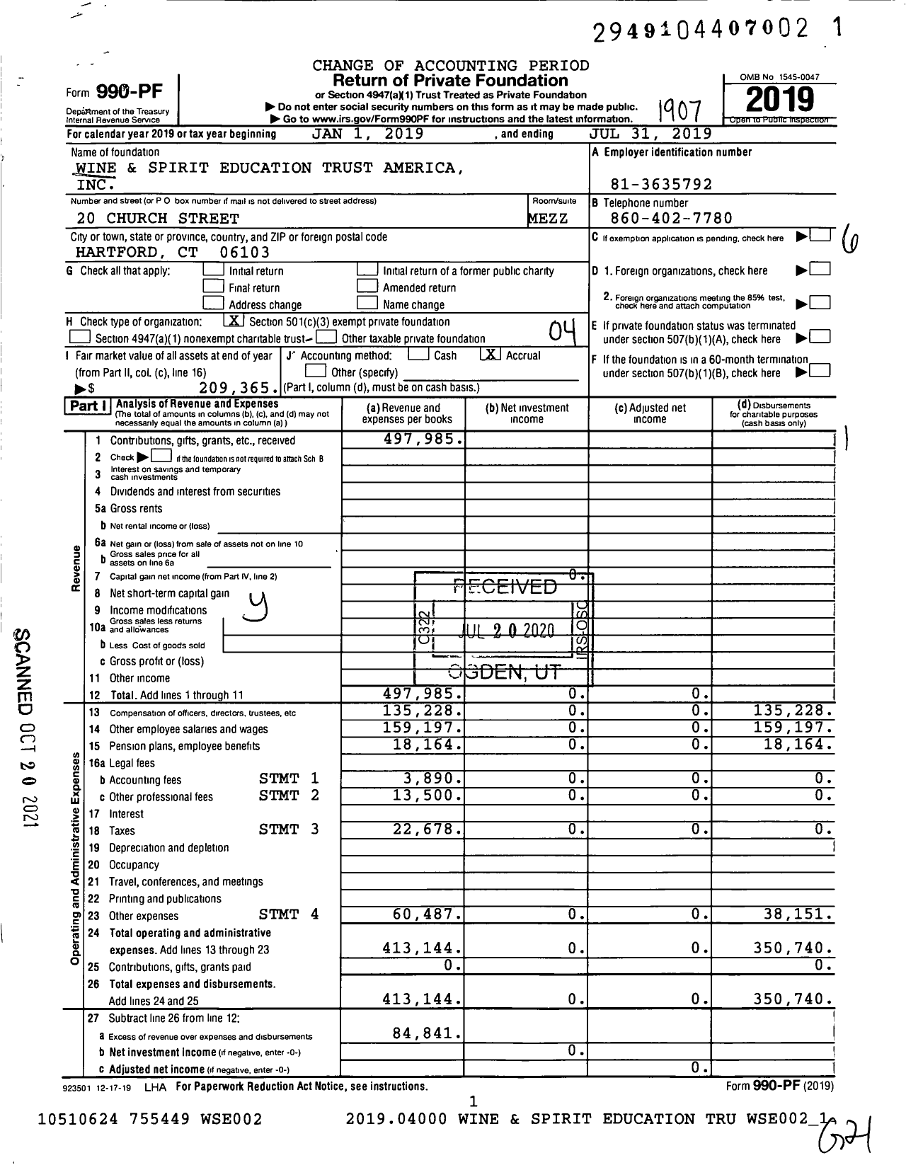 Image of first page of 2018 Form 990PF for Wine and Spirit Education Trust America