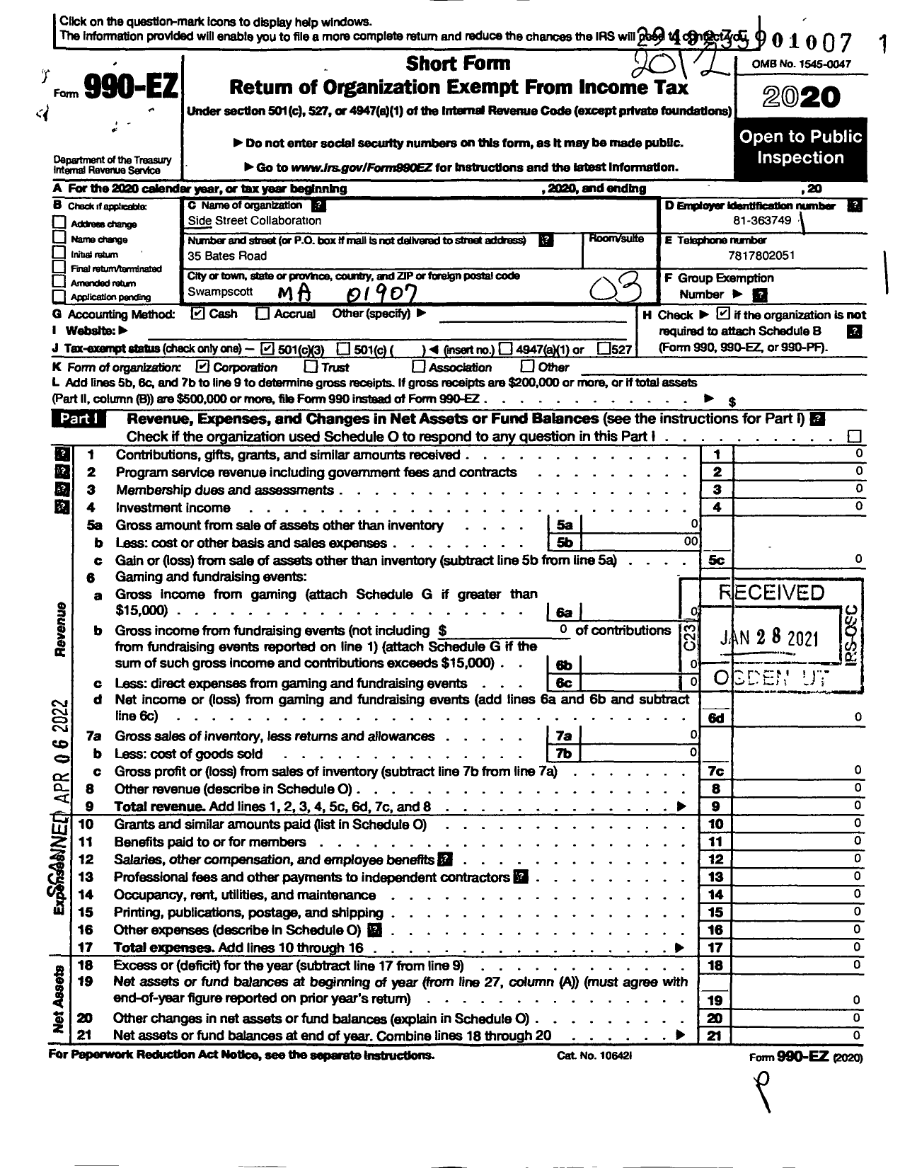 Image of first page of 2020 Form 990EZ for Side Street Collaborative