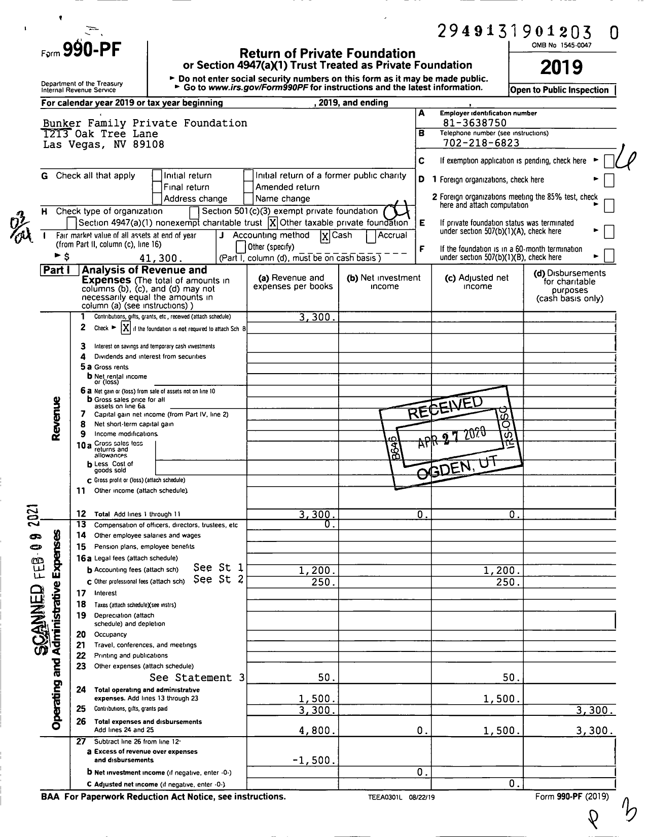 Image of first page of 2019 Form 990PF for Bunker Family Private Foundation