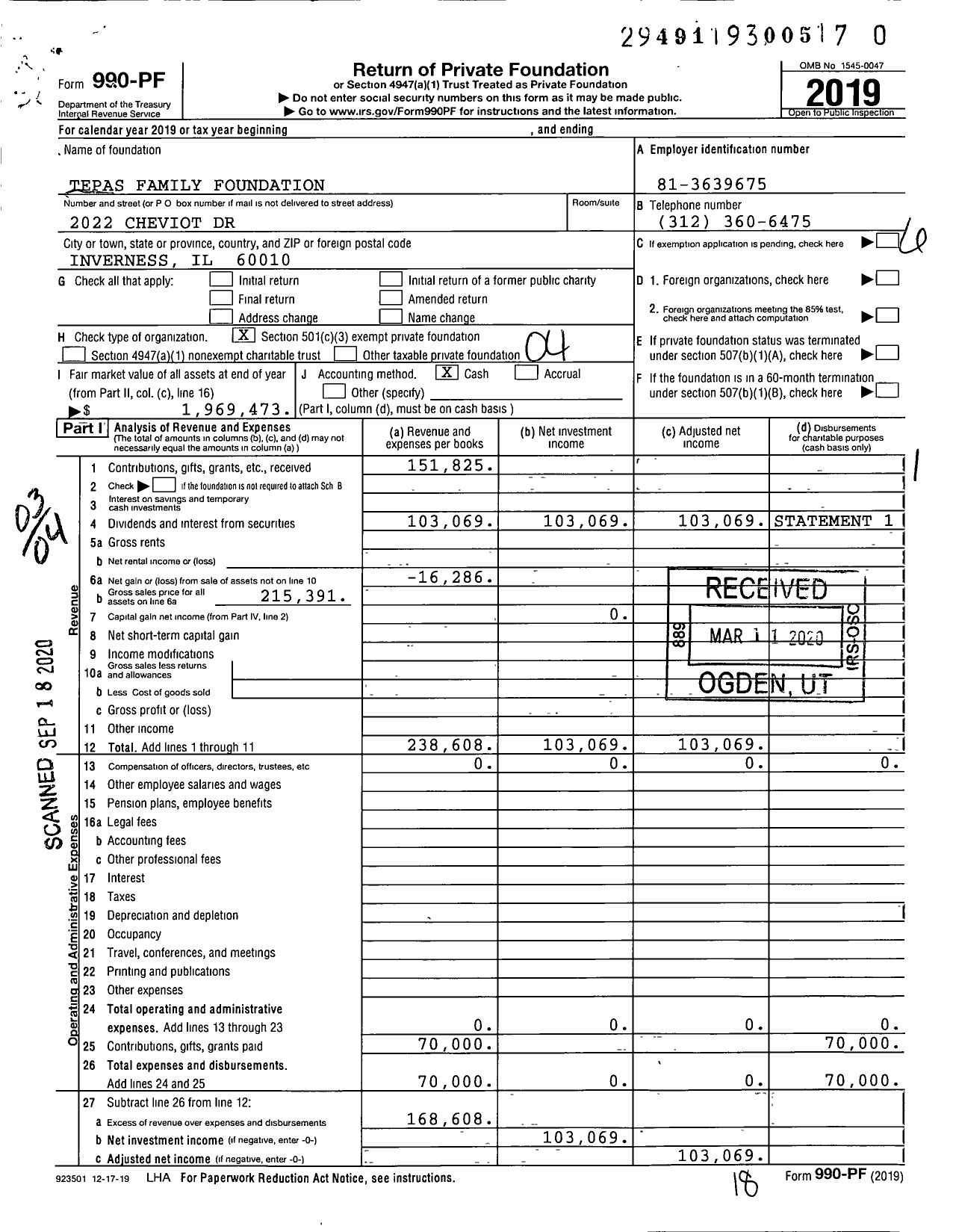 Image of first page of 2019 Form 990PR for Tepas Family Foundation