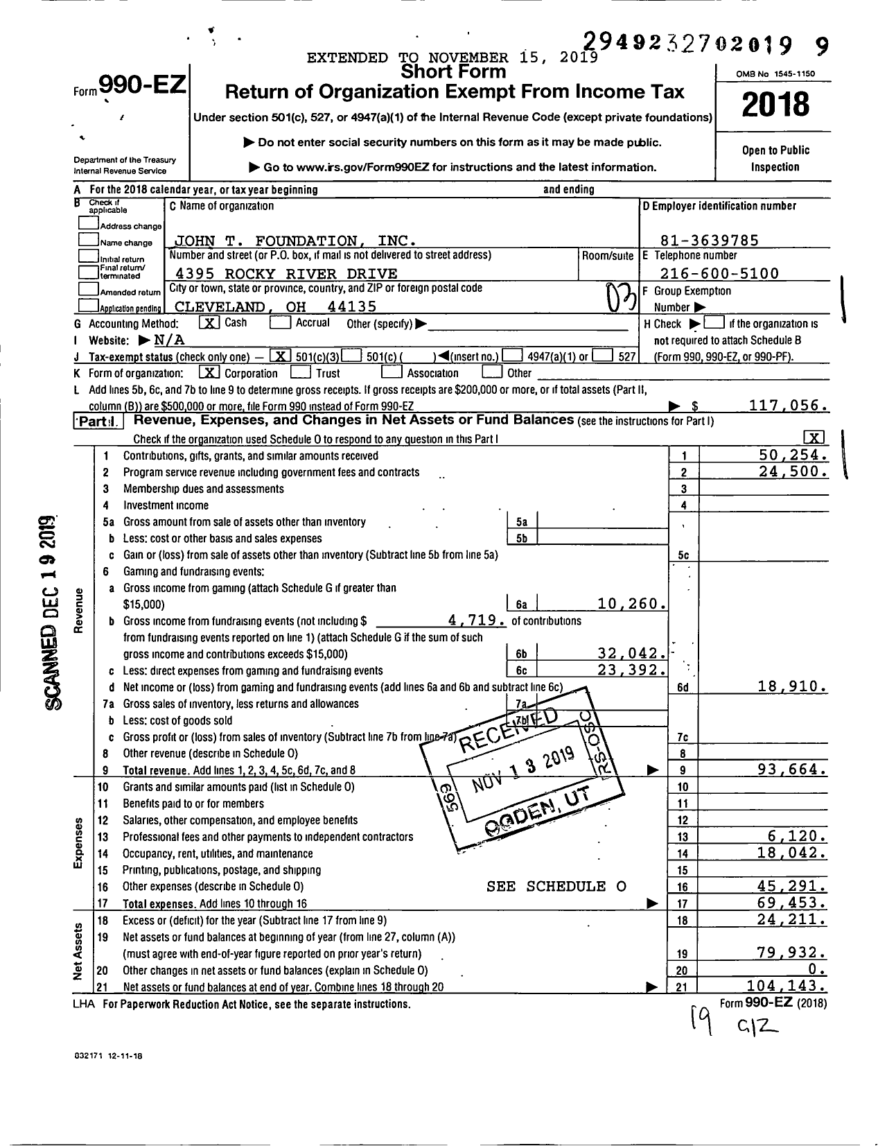 Image of first page of 2018 Form 990EZ for John T Foundation