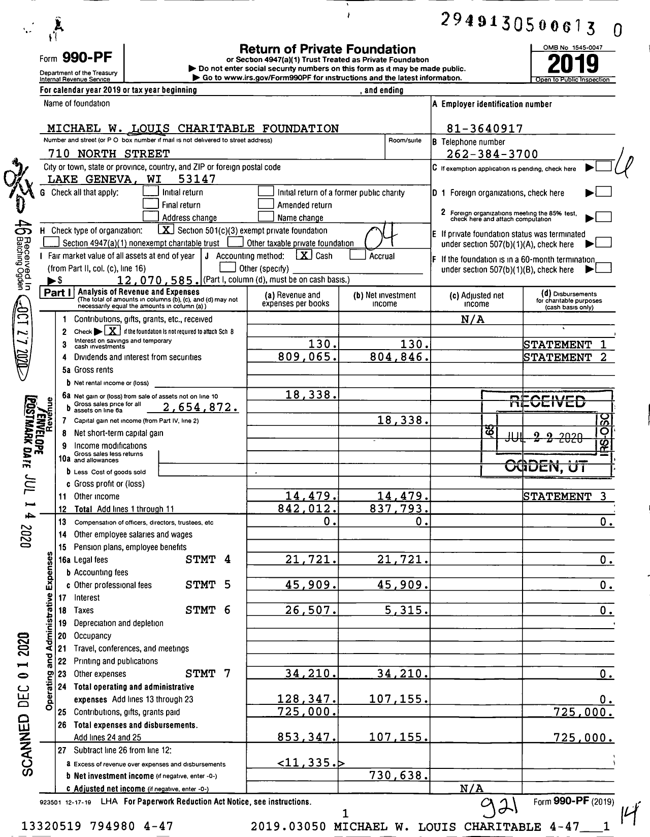 Image of first page of 2019 Form 990PF for Michael W Louis Charitable Foundation