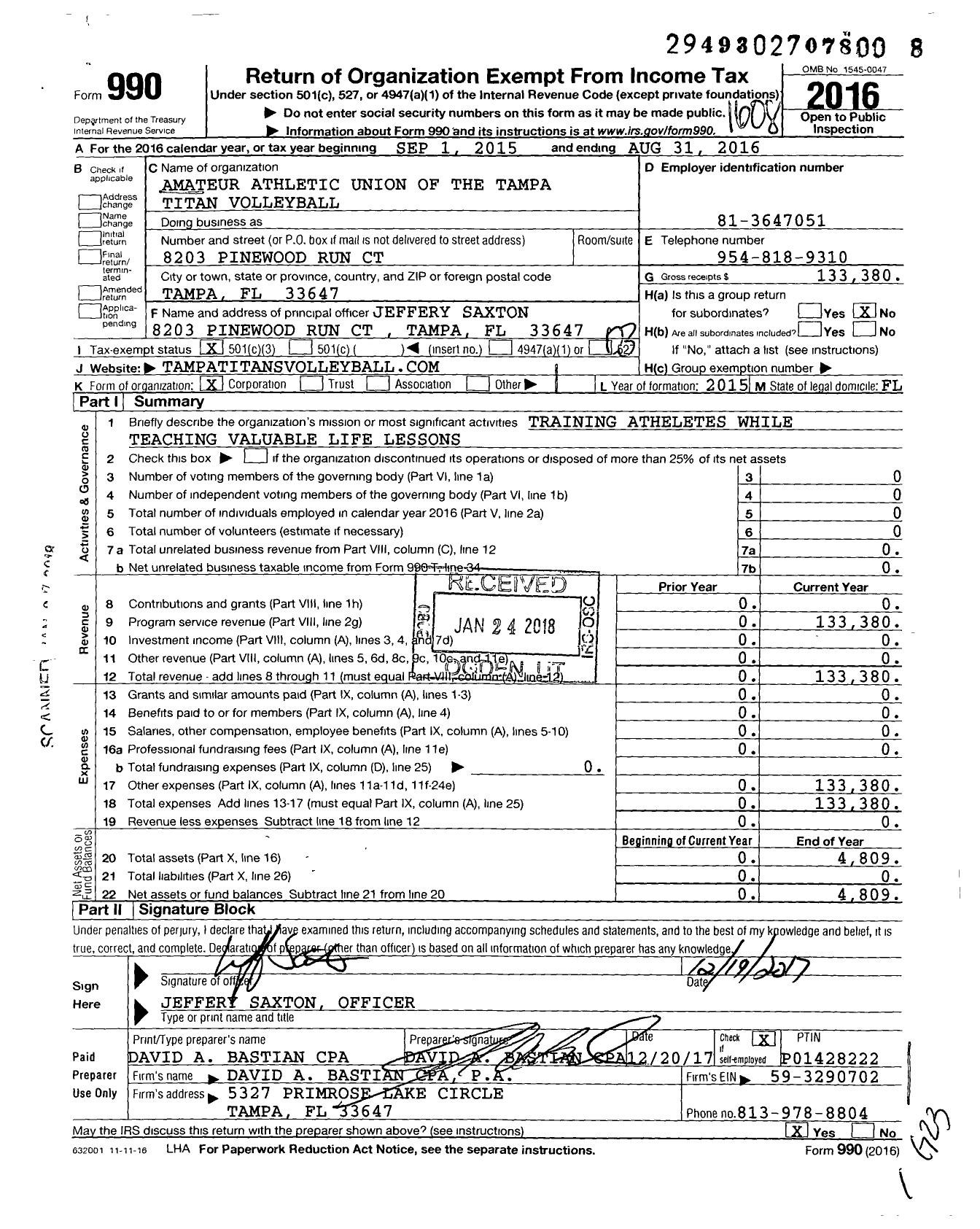 Image of first page of 2015 Form 990 for Amateur Athletic Union of the United States