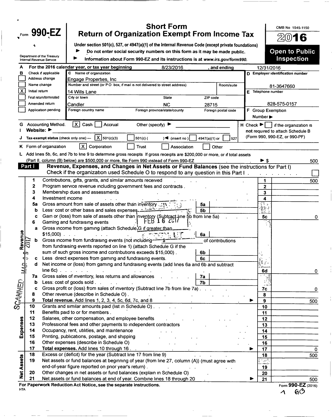 Image of first page of 2016 Form 990EZ for Engage Properties