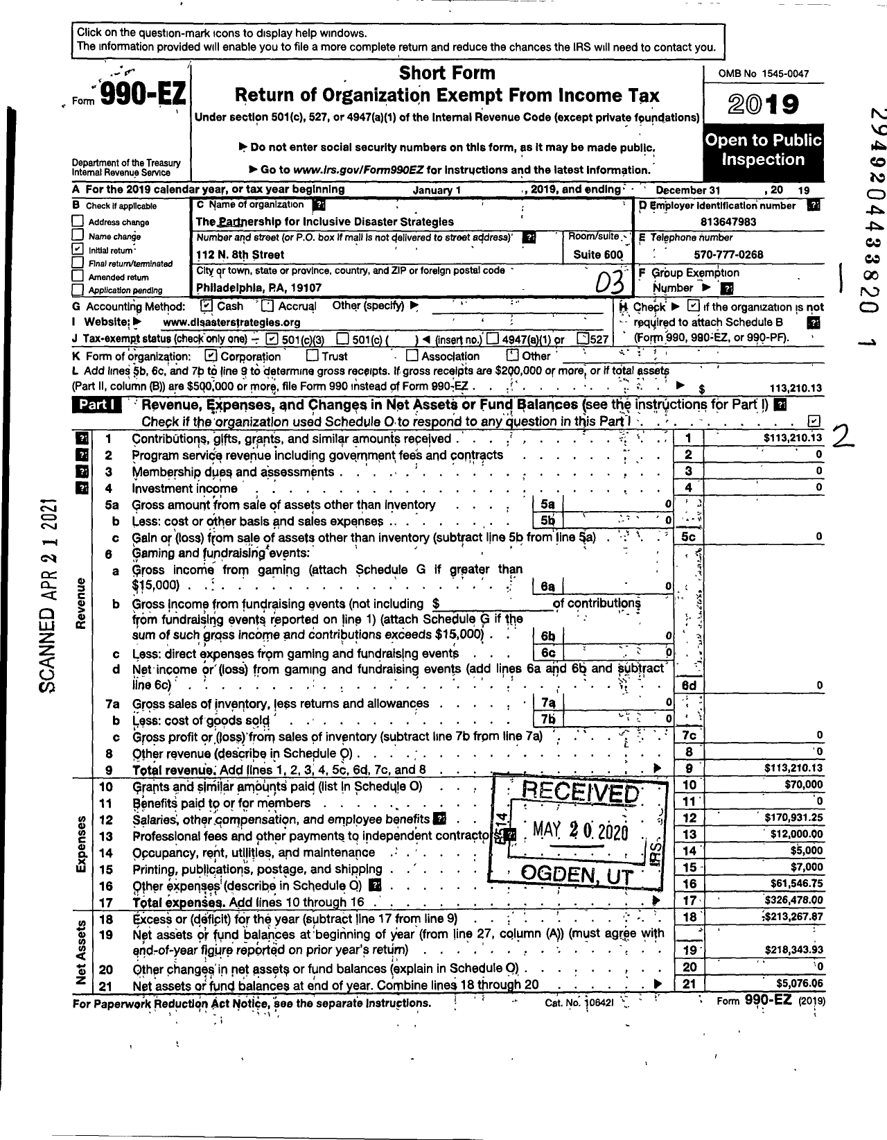 Image of first page of 2019 Form 990EZ for The Partnership for Inclusive Disaster Strategies