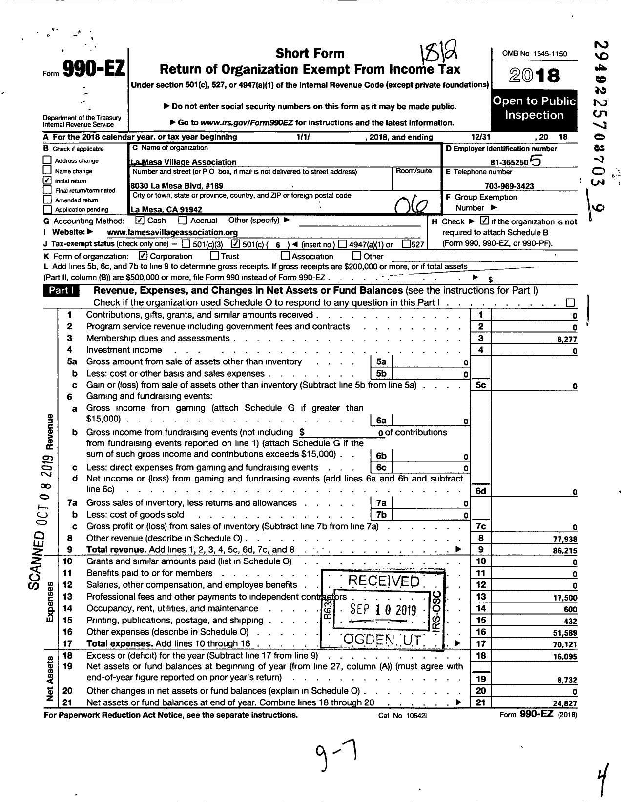 Image of first page of 2018 Form 990EO for La Mesa Village Association