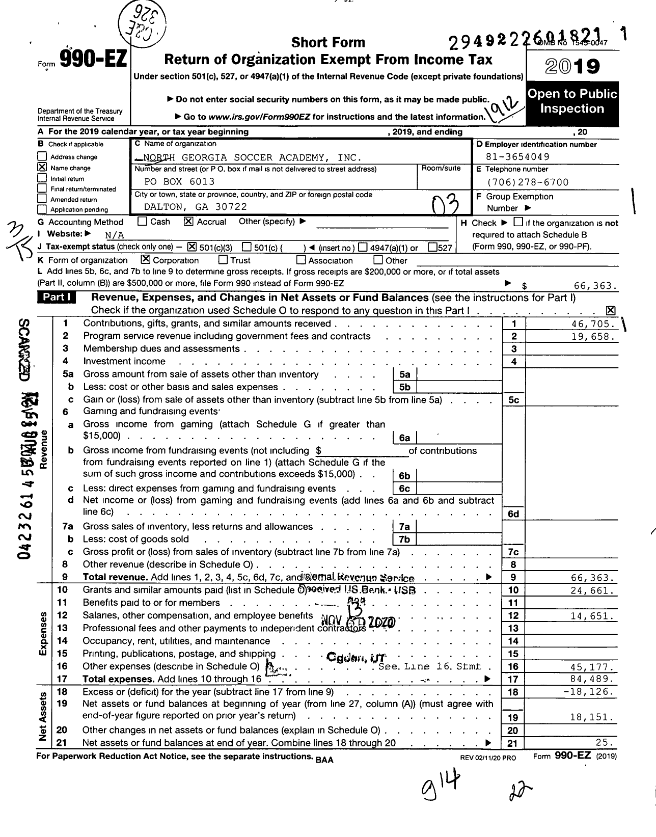 Image of first page of 2019 Form 990EZ for North Georgia Soccer Academy