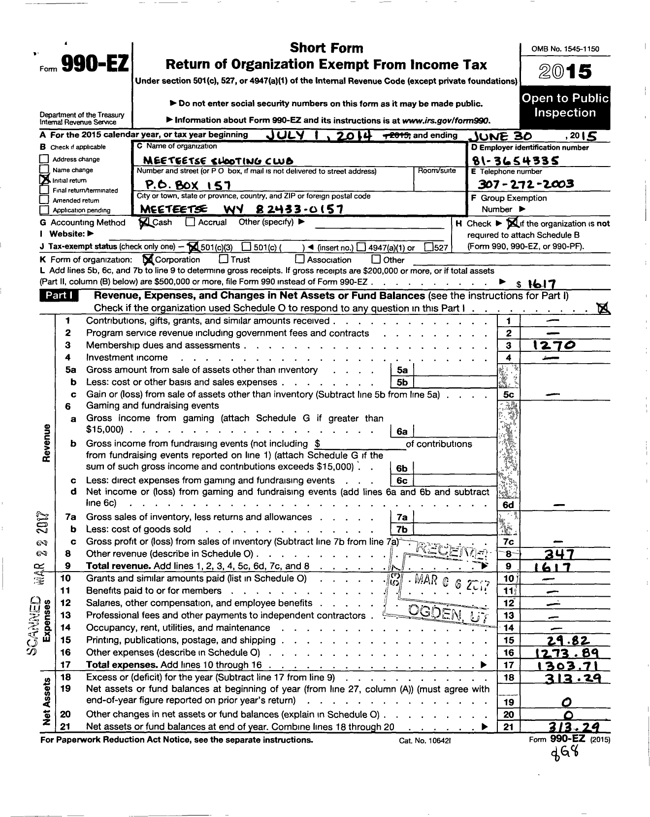 Image of first page of 2014 Form 990EZ for Meeteetse Shooting Club