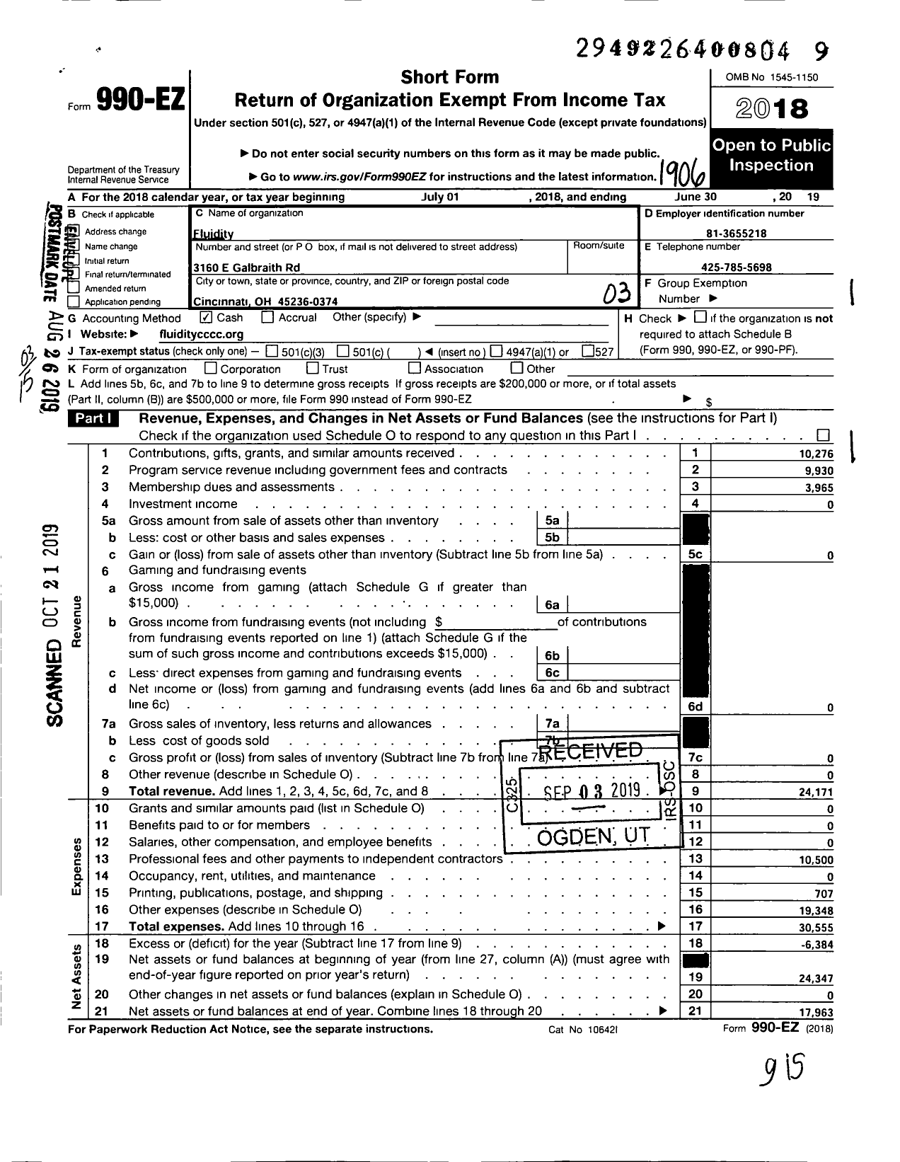 Image of first page of 2018 Form 990EZ for Fluidity