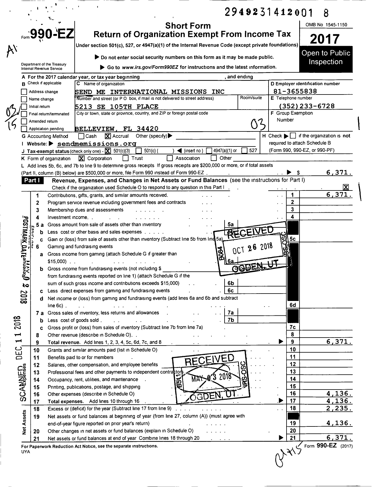Image of first page of 2017 Form 990EZ for Send Me International Missions