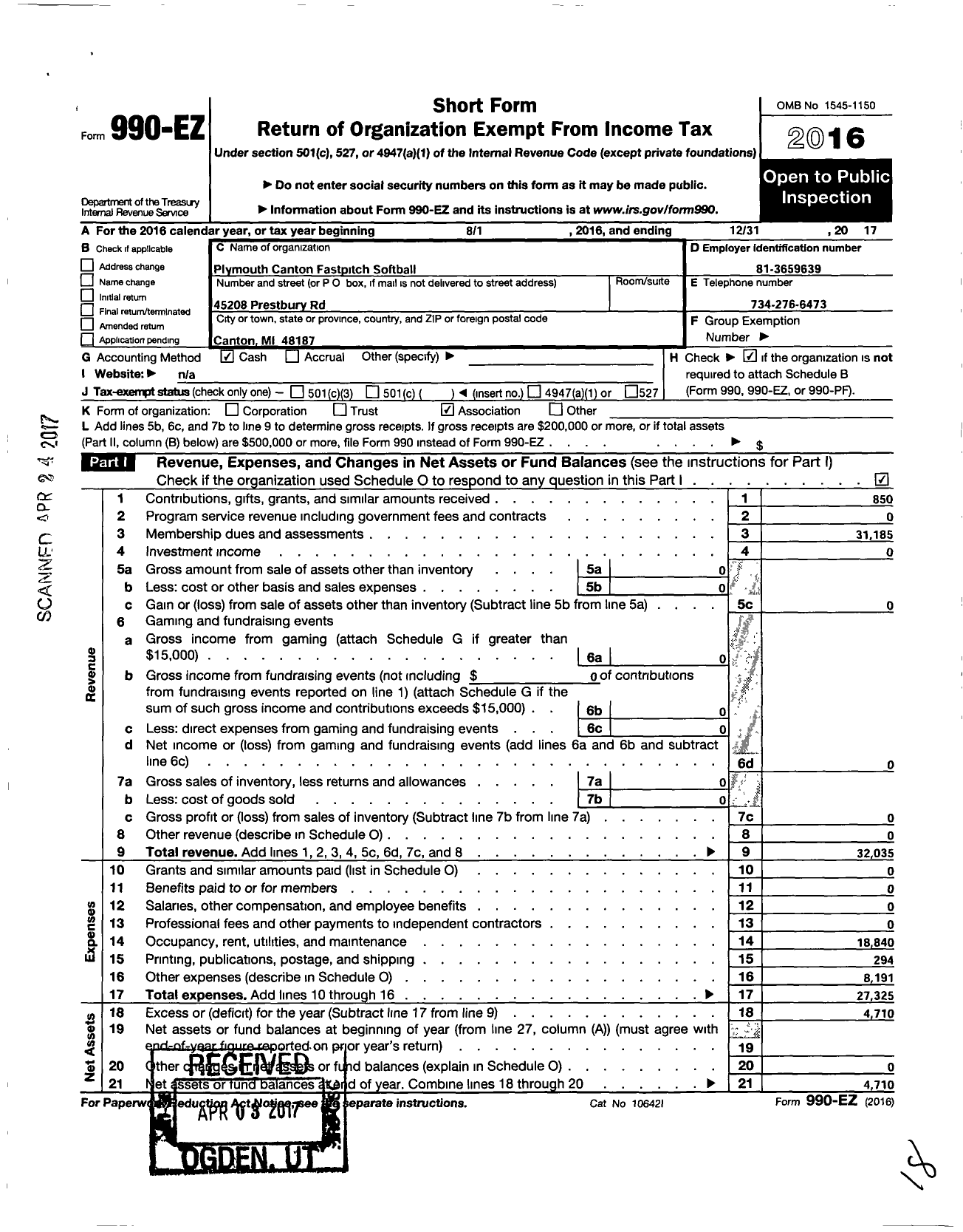 Image of first page of 2017 Form 990EO for Plymouth Canton Fastpitch Softball