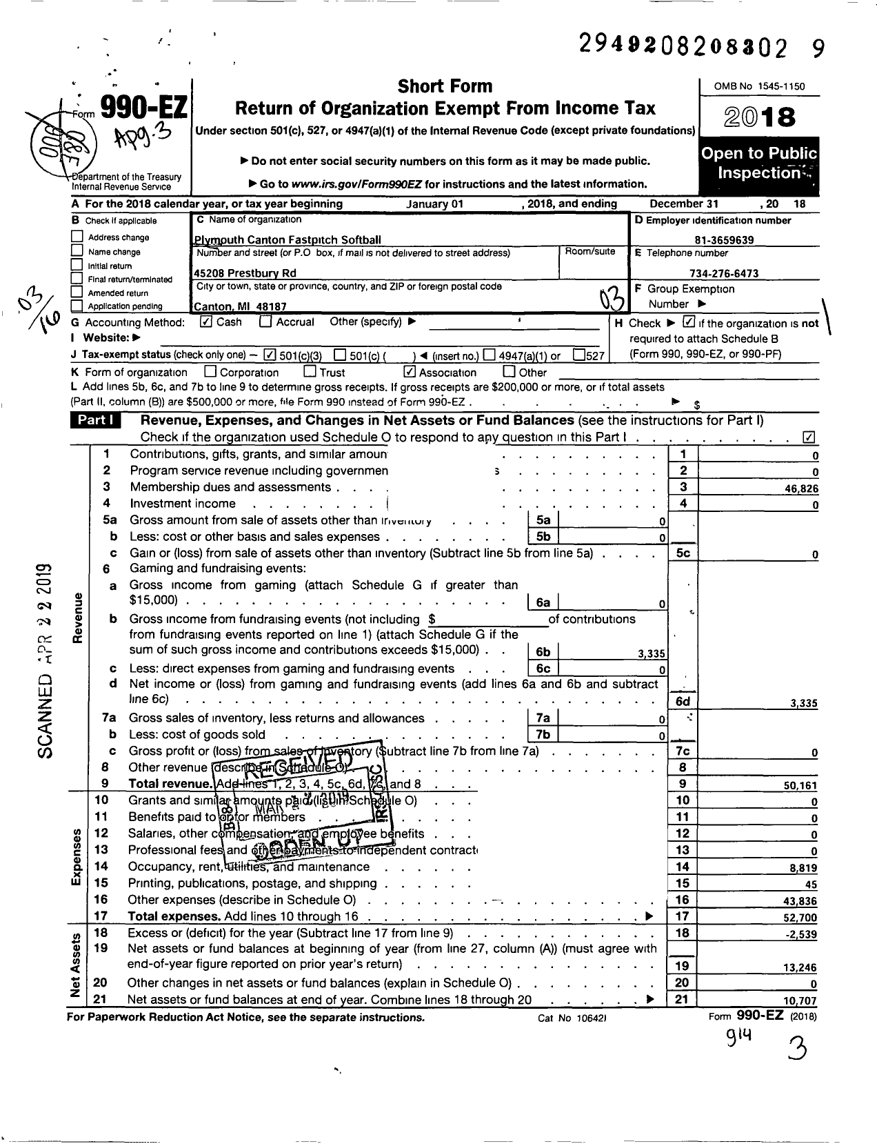 Image of first page of 2018 Form 990EZ for Plymouth Canton Fastpitch Softball