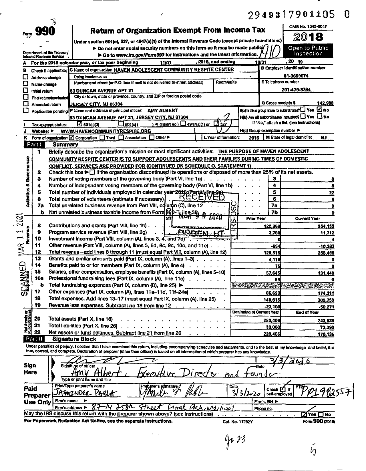 Image of first page of 2018 Form 990 for Haven Adolescent Respite Center