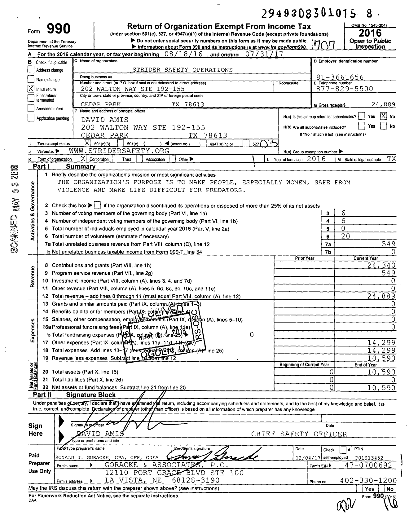 Image of first page of 2016 Form 990 for Strider Safety Operations