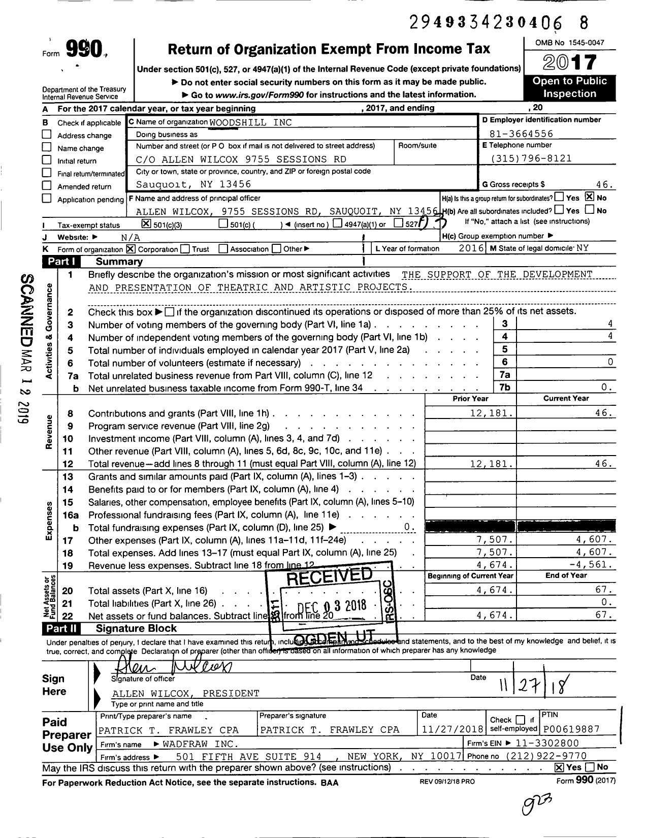 Image of first page of 2017 Form 990 for Woodshill