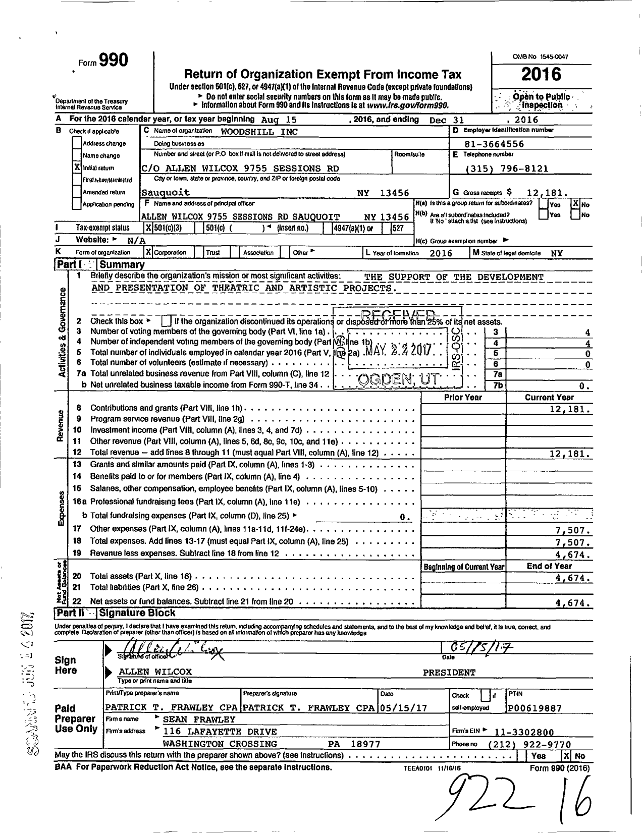 Image of first page of 2016 Form 990 for Woodshill