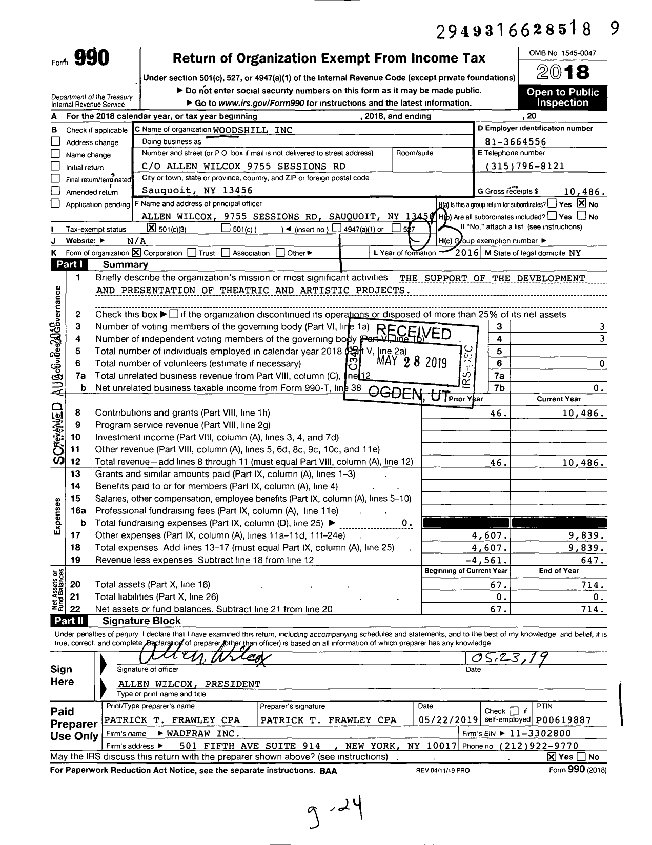 Image of first page of 2018 Form 990 for Woodshill