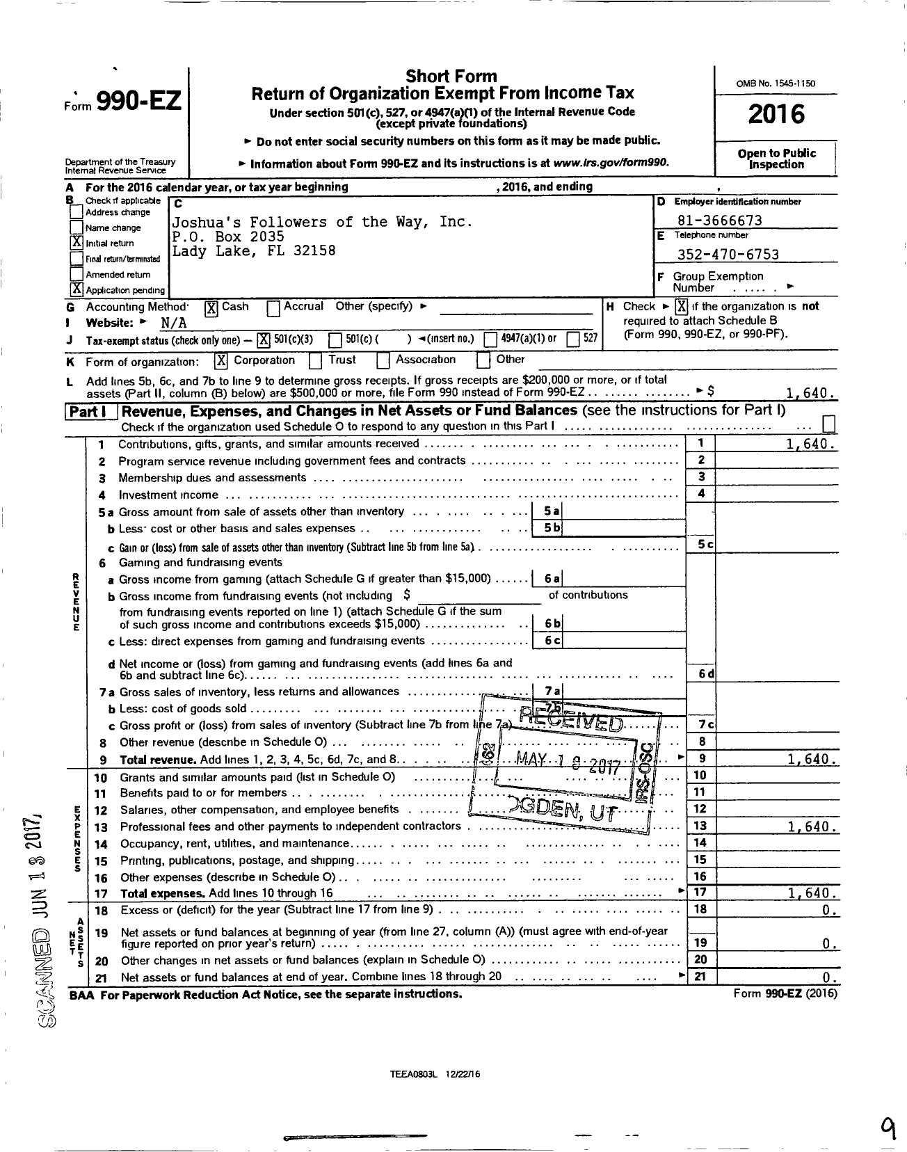 Image of first page of 2016 Form 990EZ for Joshuas Followers of the Way