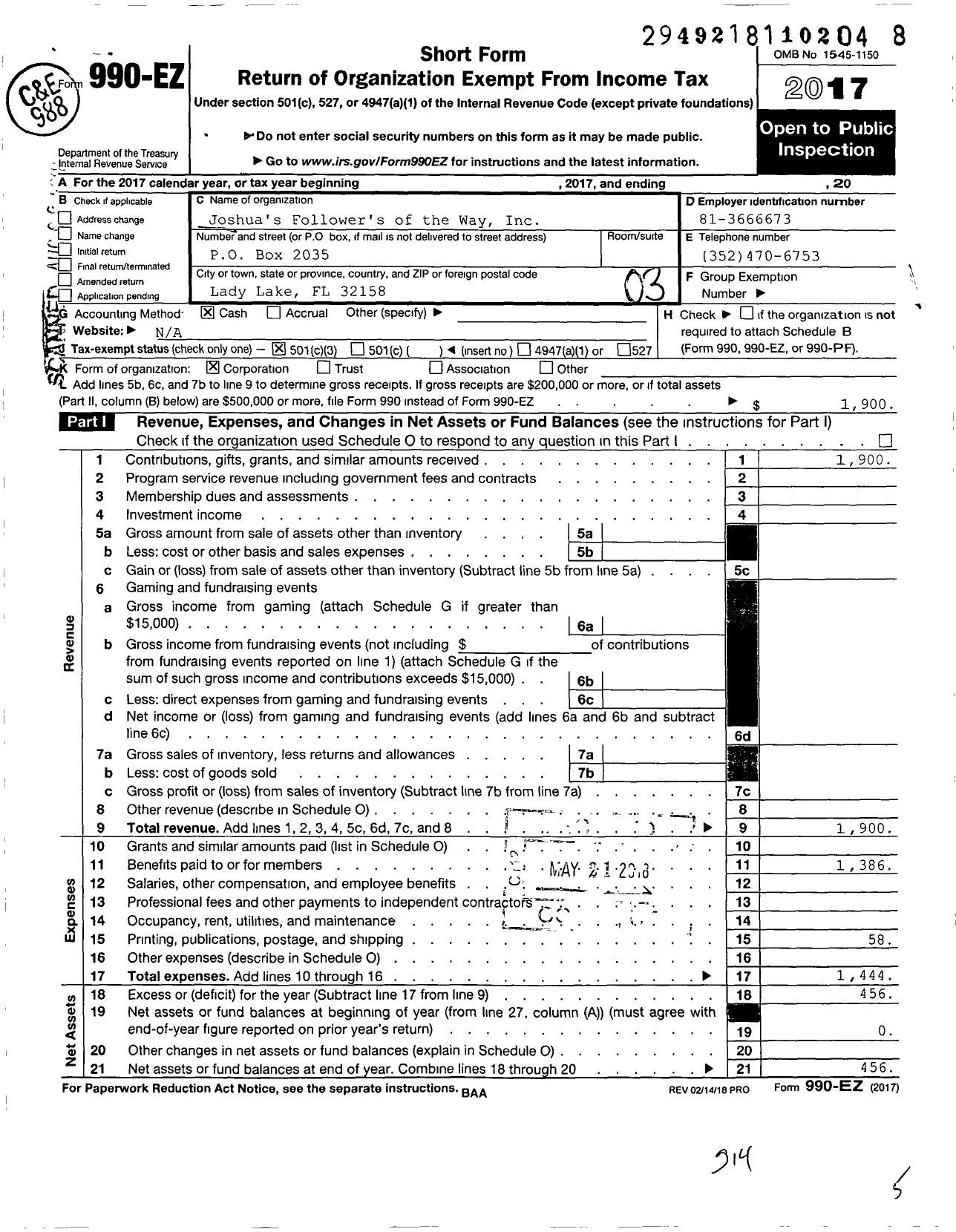 Image of first page of 2017 Form 990EZ for Joshuas Followers of the Way