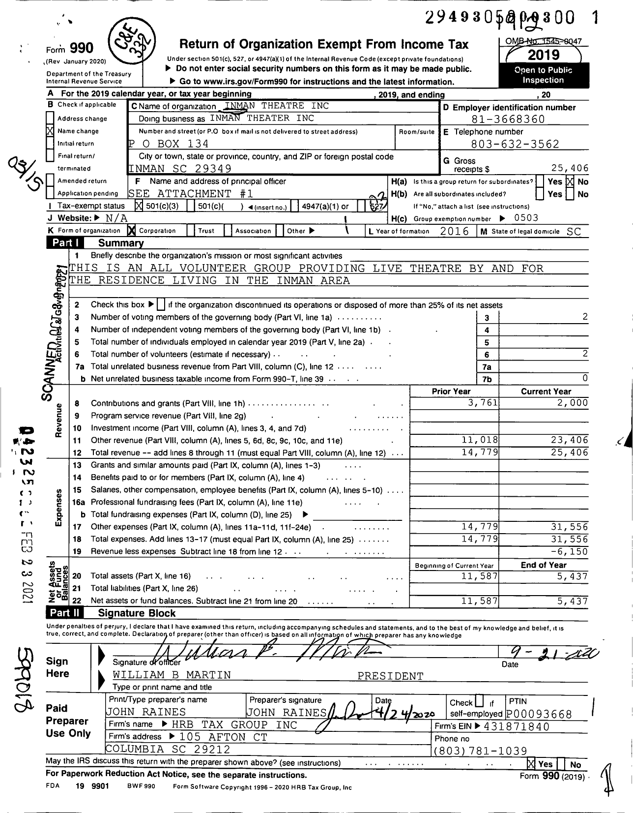 Image of first page of 2019 Form 990 for Inman Theatre