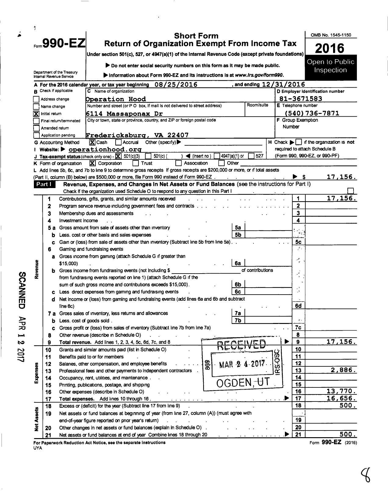 Image of first page of 2016 Form 990EZ for Operation Hood