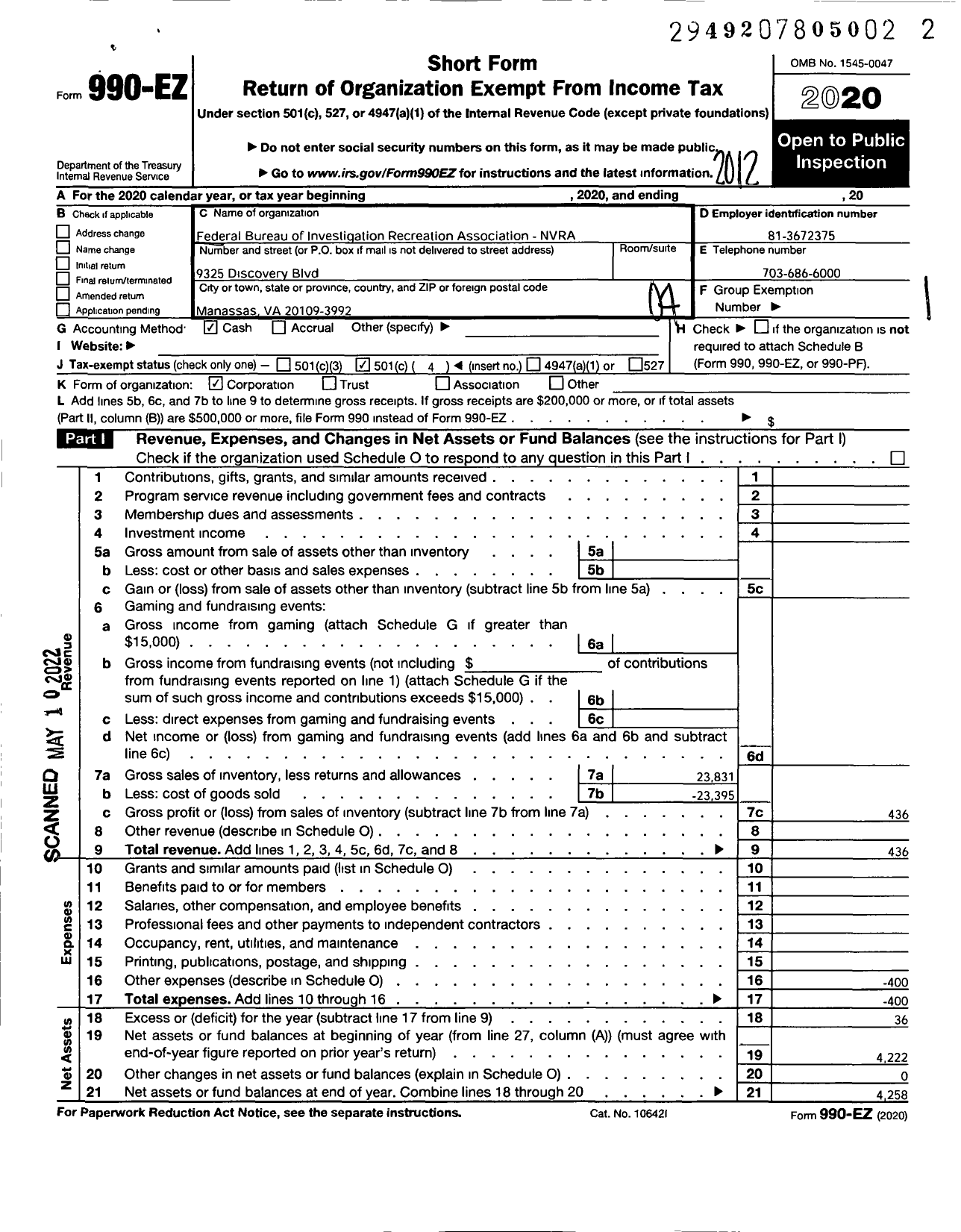 Image of first page of 2020 Form 990EO for Federal Bureau of Investigation Recreation Association - Association-Nvra