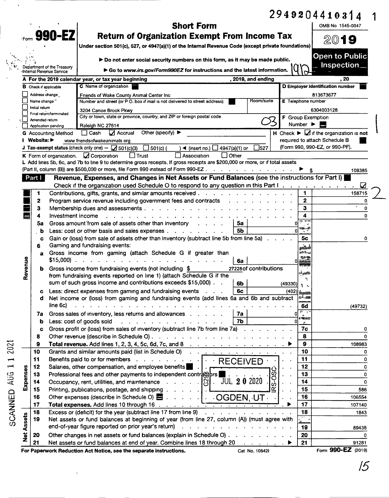 Image of first page of 2019 Form 990EZ for Friends of Wake County Animal Center