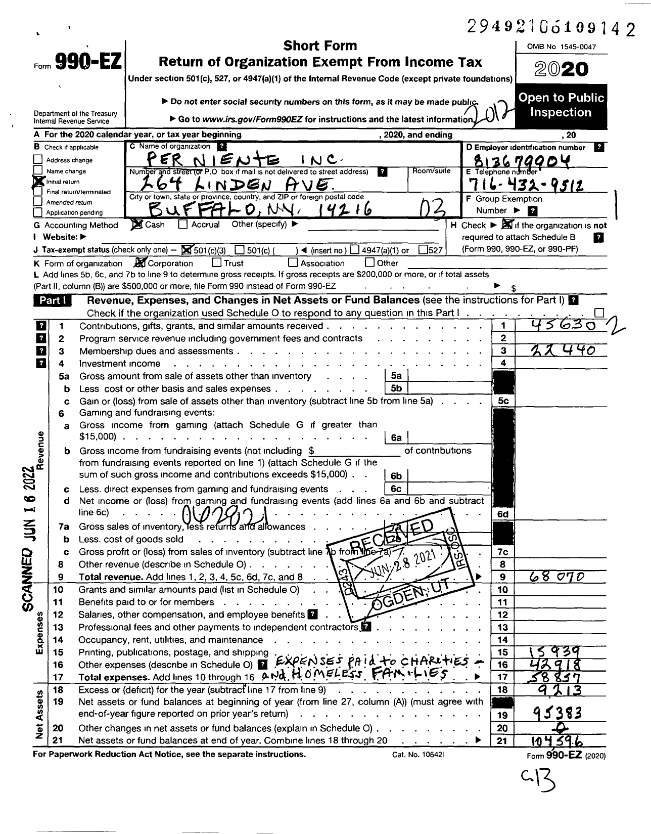 Image of first page of 2020 Form 990EZ for Per Niente