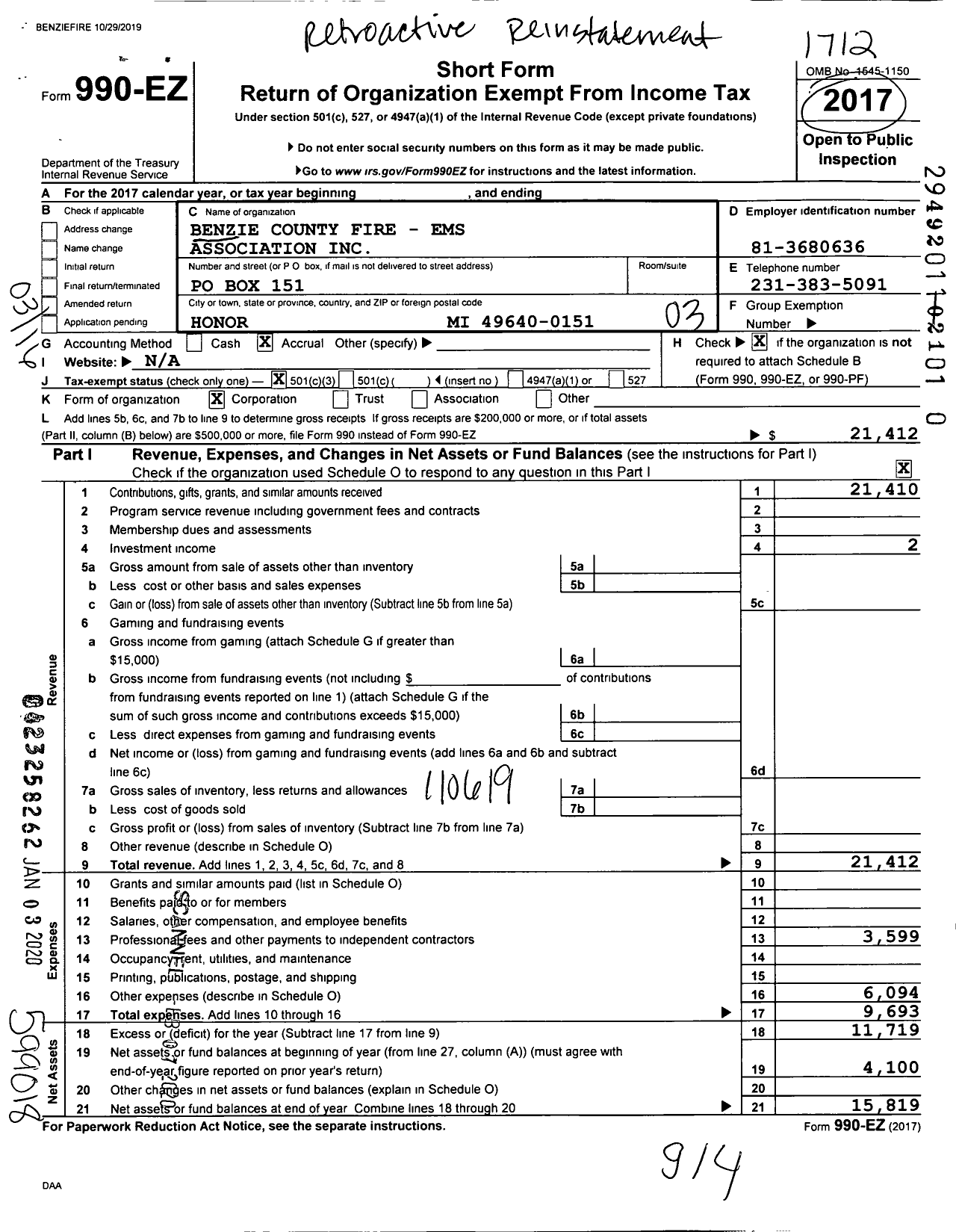 Image of first page of 2017 Form 990EZ for Benzie County Fire-Ems Association