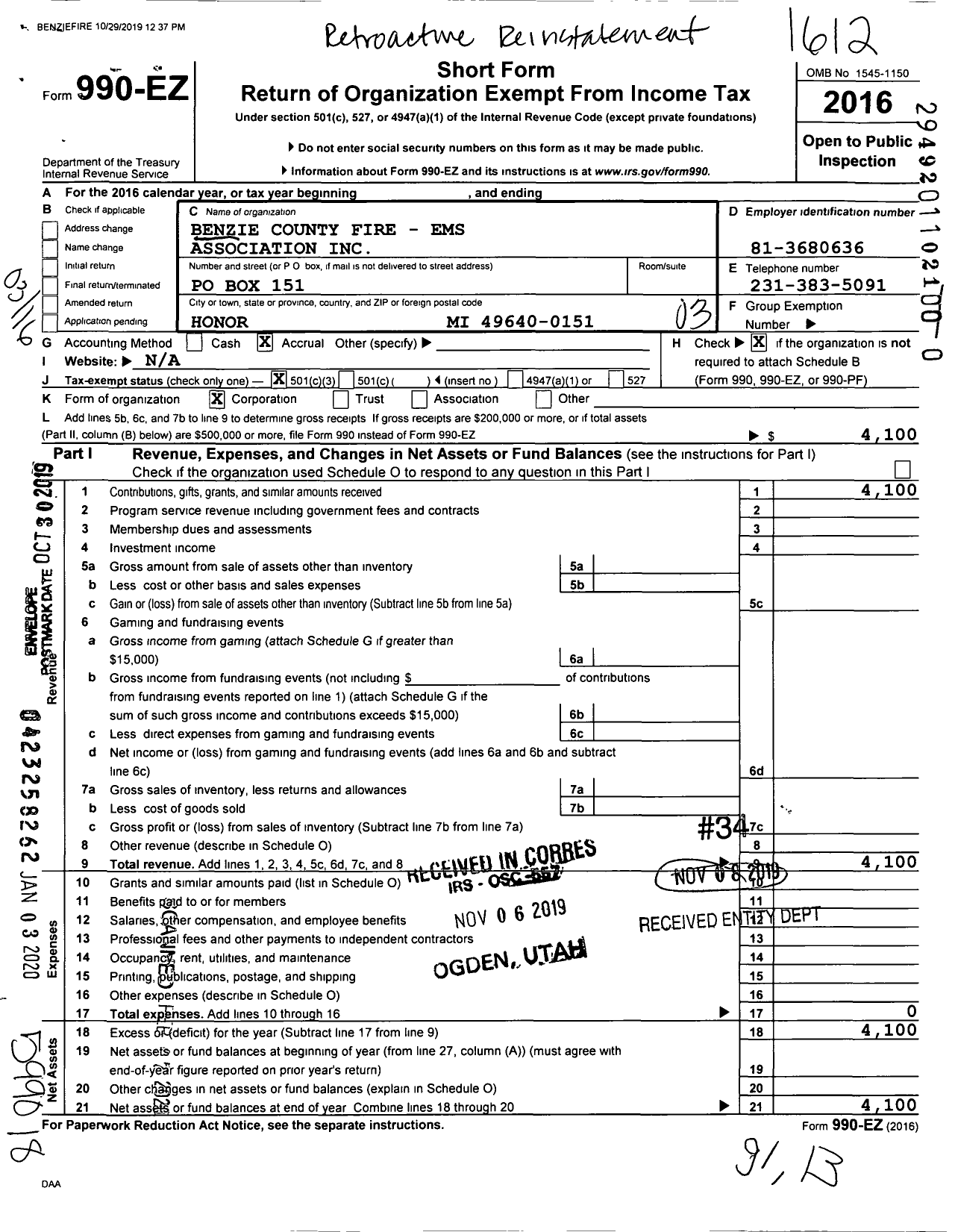 Image of first page of 2016 Form 990EZ for Benzie County Fire-Ems Association