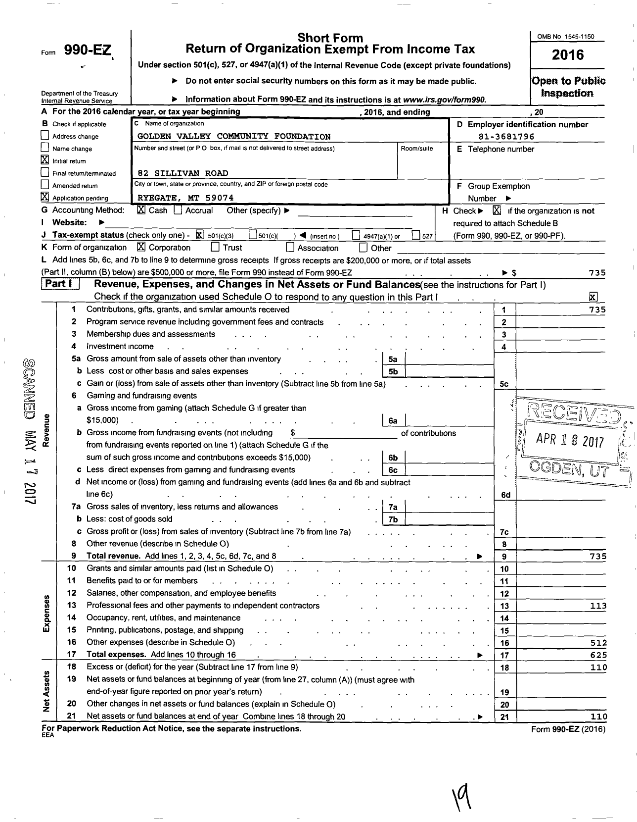 Image of first page of 2016 Form 990EZ for Golden Valley Community Foundation