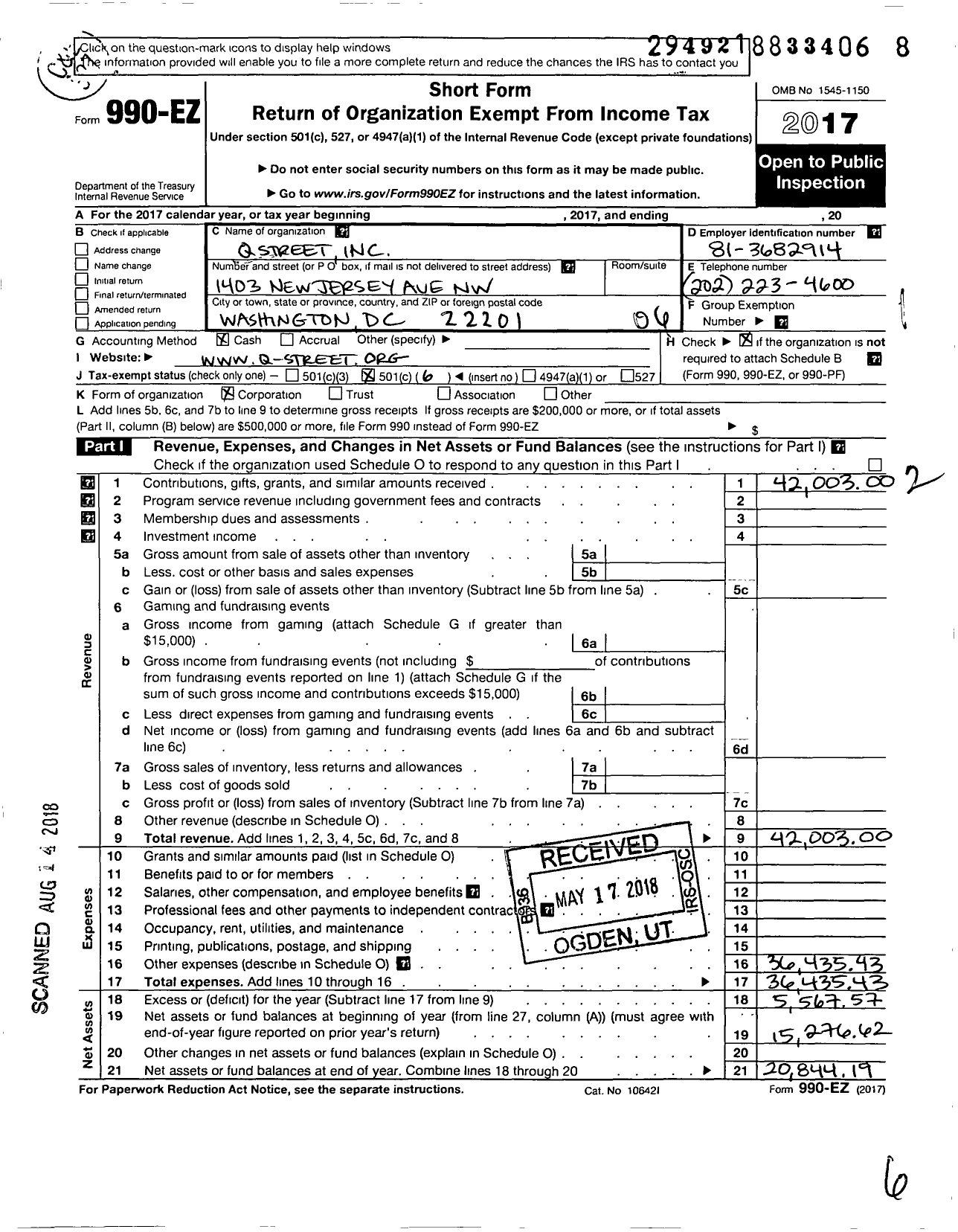 Image of first page of 2017 Form 990EO for Q Street