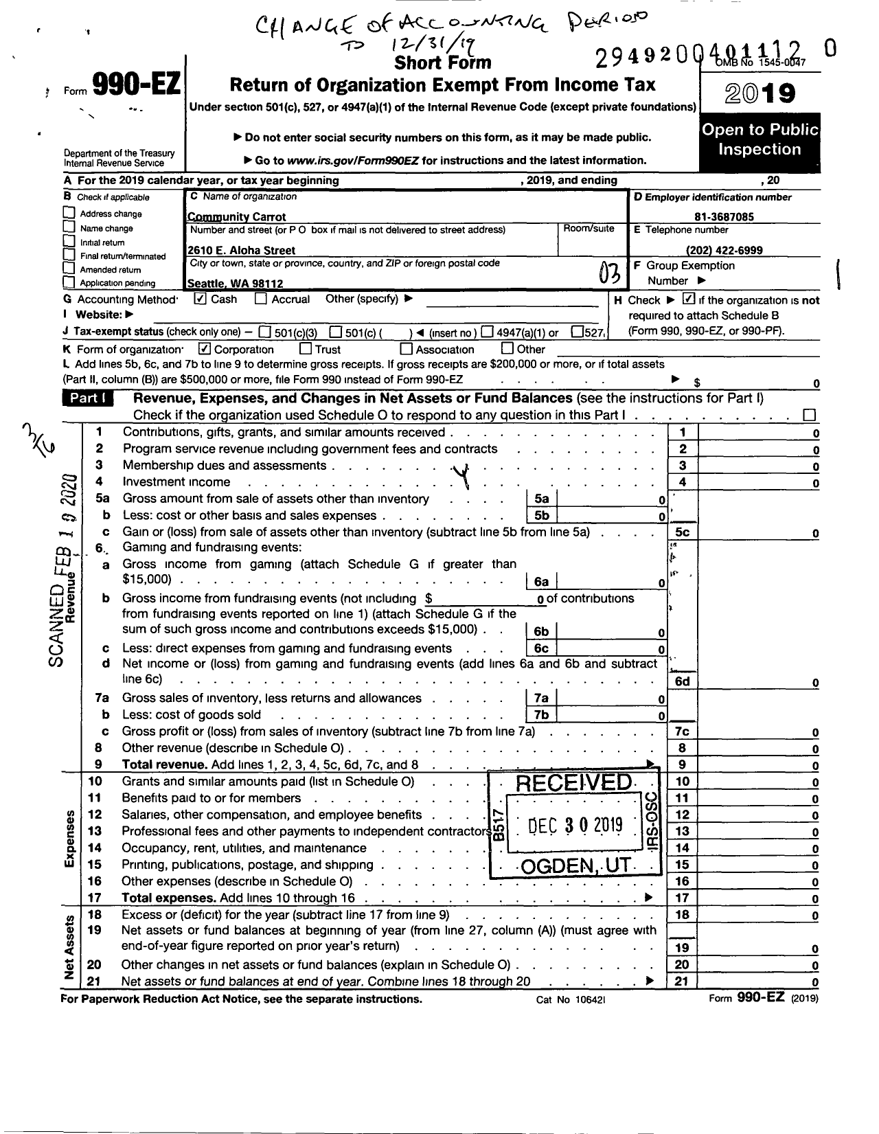 Image of first page of 2019 Form 990EZ for Community Carrot