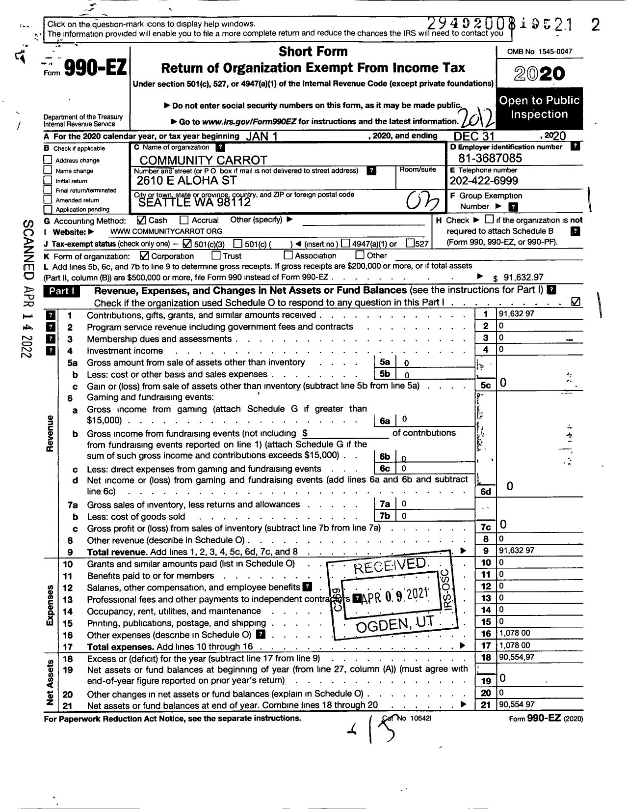 Image of first page of 2020 Form 990EZ for Community Carrot