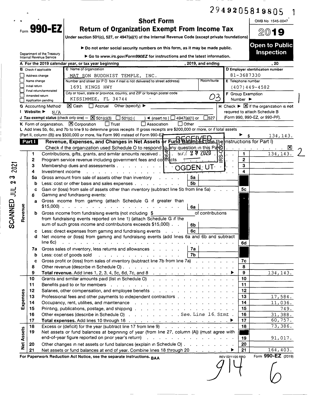 Image of first page of 2019 Form 990EZ for Mat Son Buddhist Temple