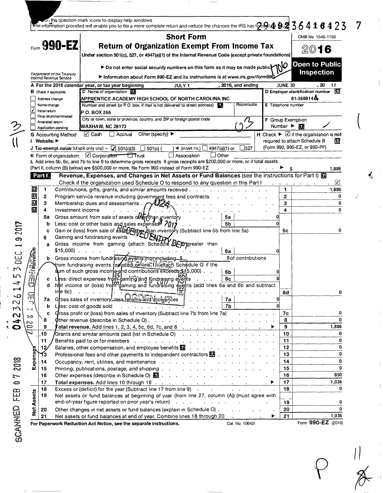 Image of first page of 2016 Form 990EZ for Apprentice Academy High School