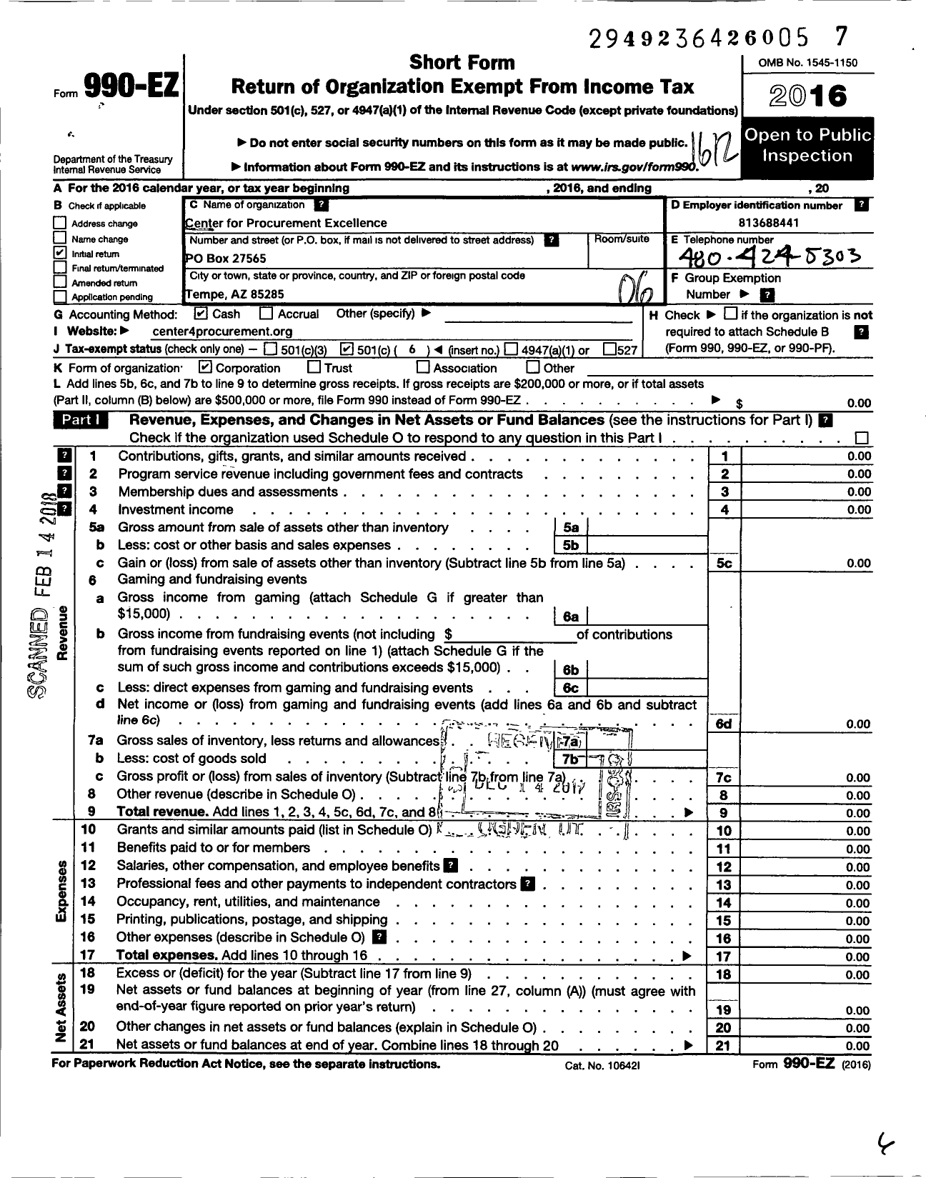 Image of first page of 2016 Form 990EO for Center for Procurement Excellence