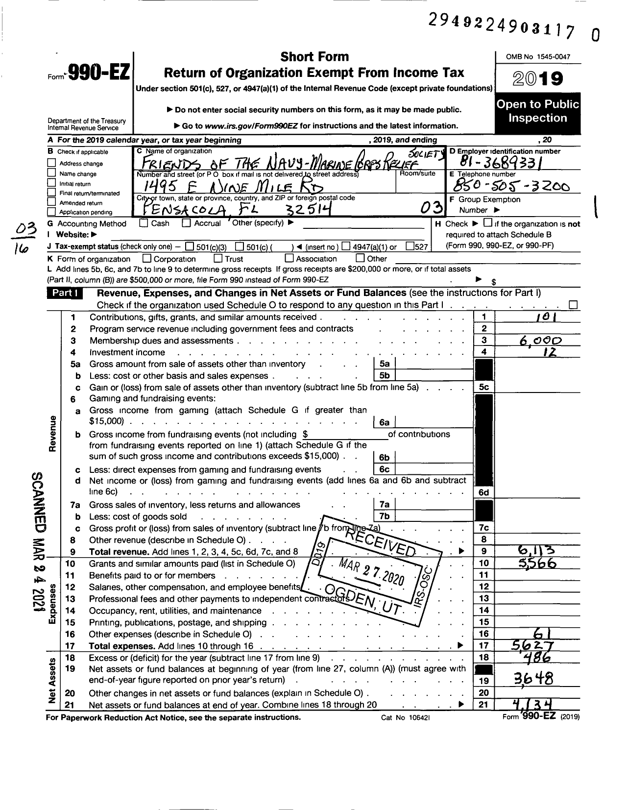 Image of first page of 2019 Form 990EZ for Friends of the Navy Marine Corps Relief Society