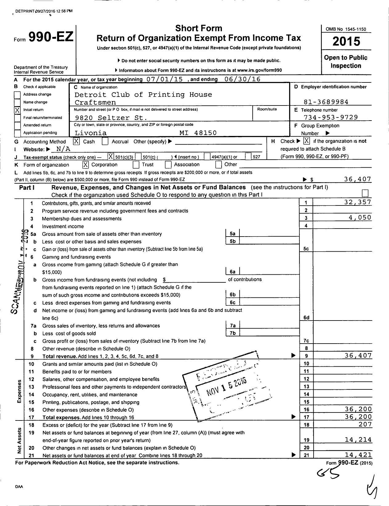 Image of first page of 2015 Form 990EZ for Detroit Club of Printing House Craftsmen