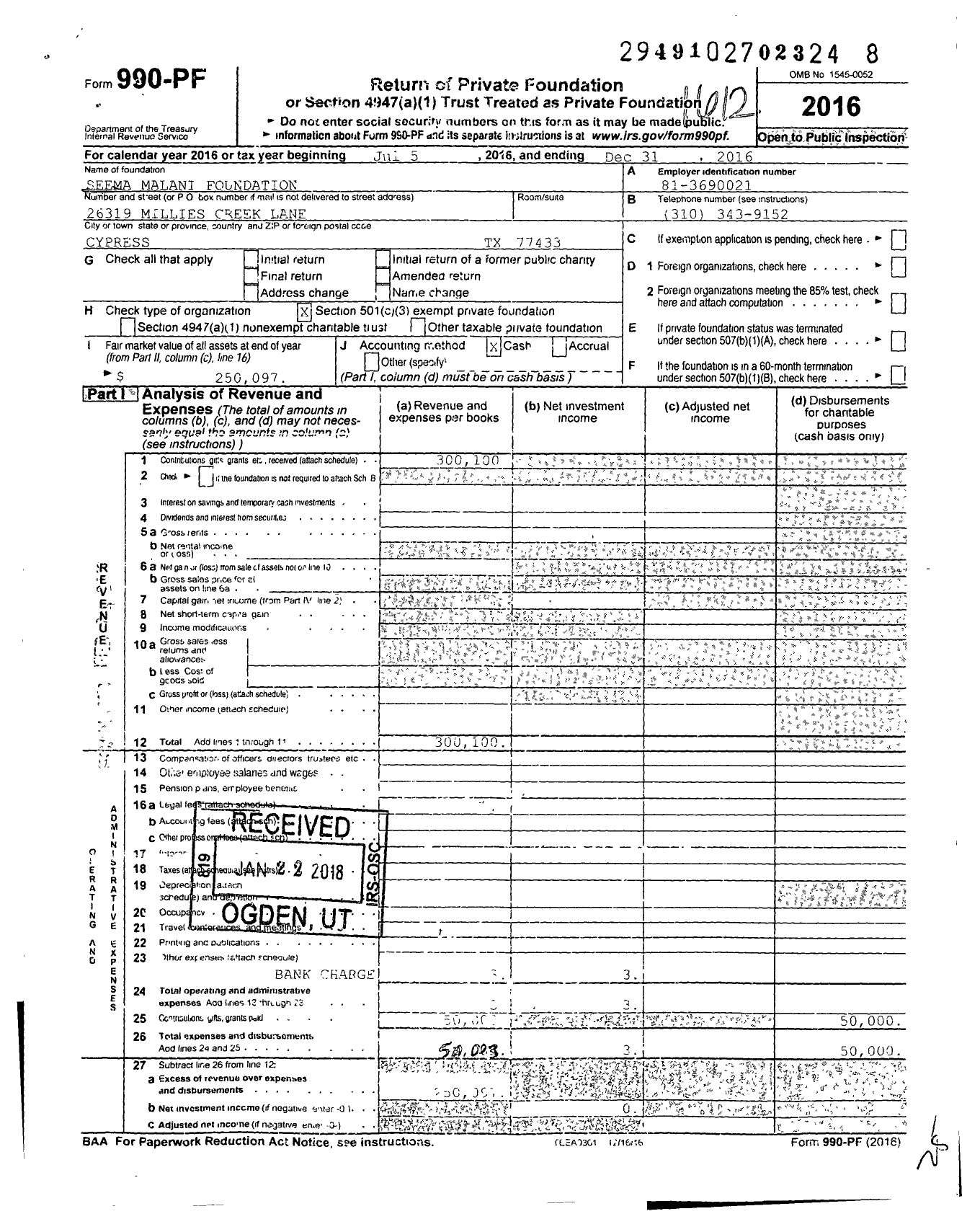 Image of first page of 2016 Form 990PF for Seema Malani Foundation