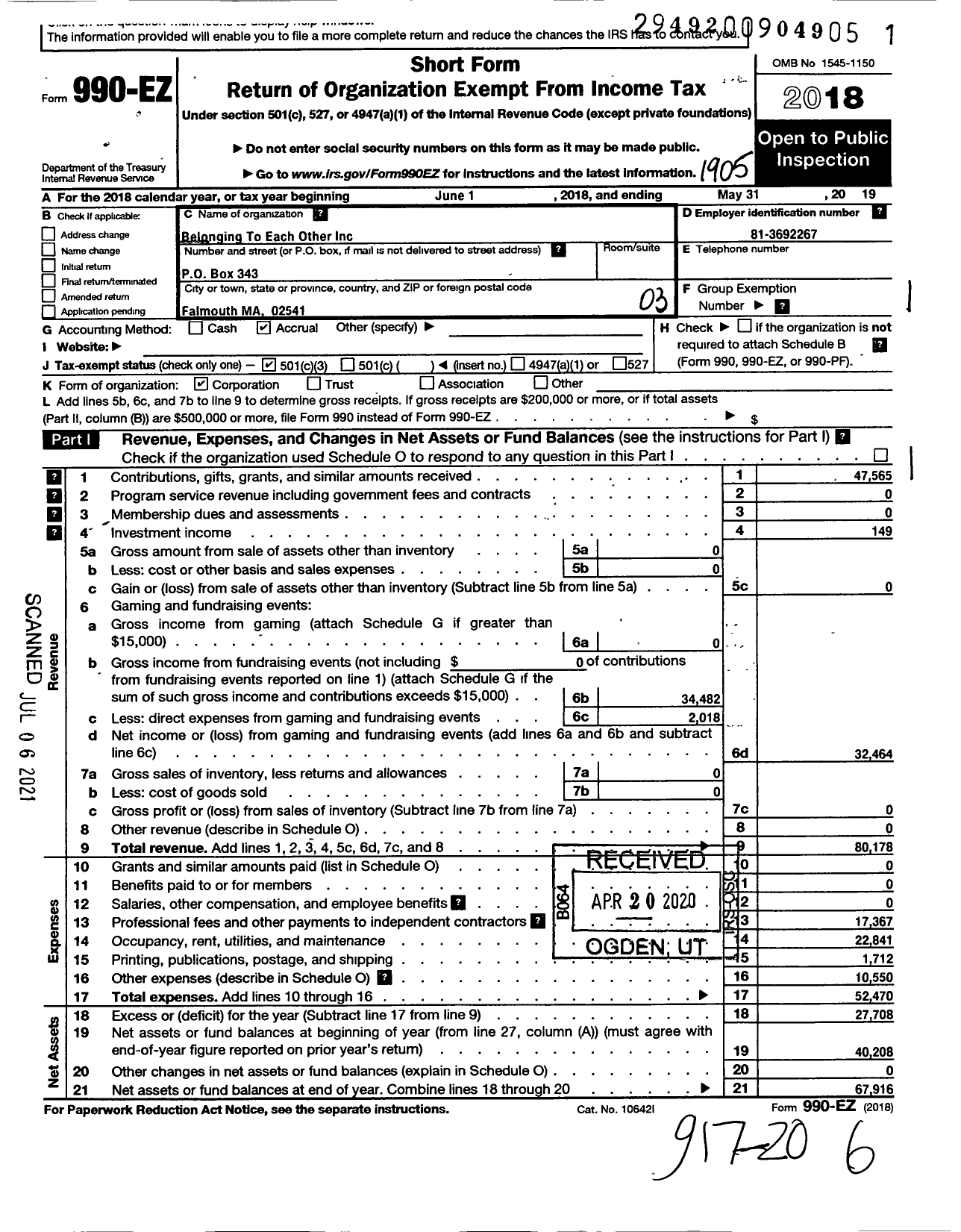 Image of first page of 2018 Form 990EZ for Belonging To Each Other