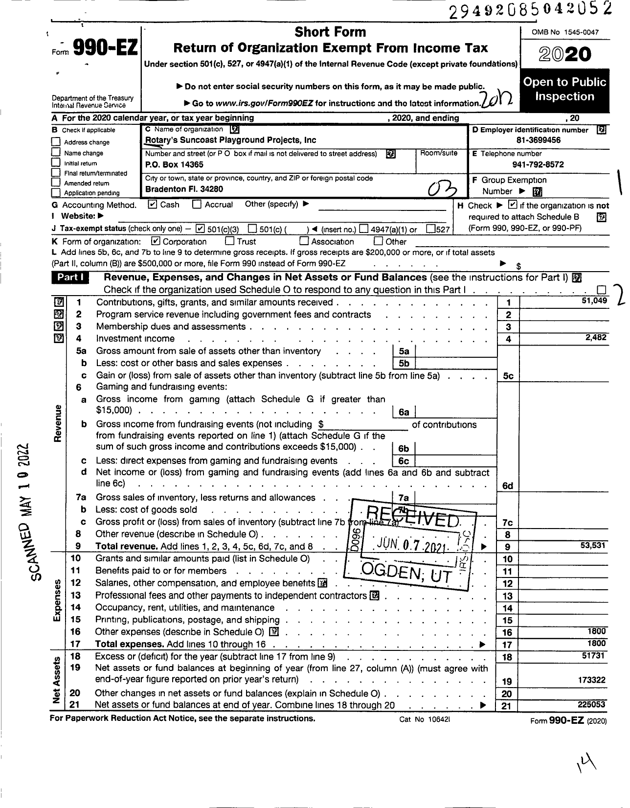 Image of first page of 2020 Form 990EZ for Rotarys Suncoast Playground Projects