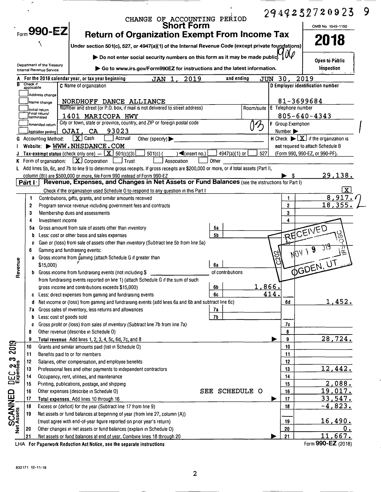 Image of first page of 2018 Form 990EZ for Nordhoff Dance Alliance