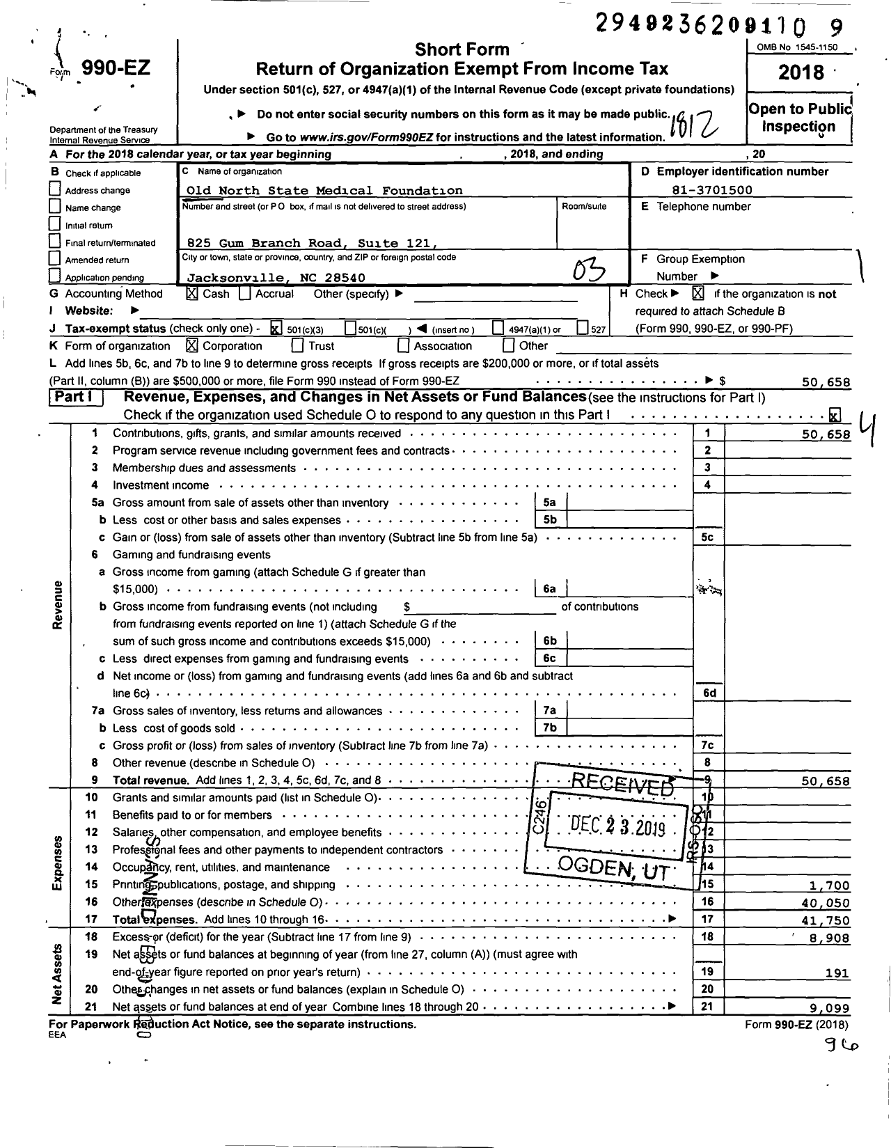 Image of first page of 2018 Form 990EZ for Old North State Medical Foundation