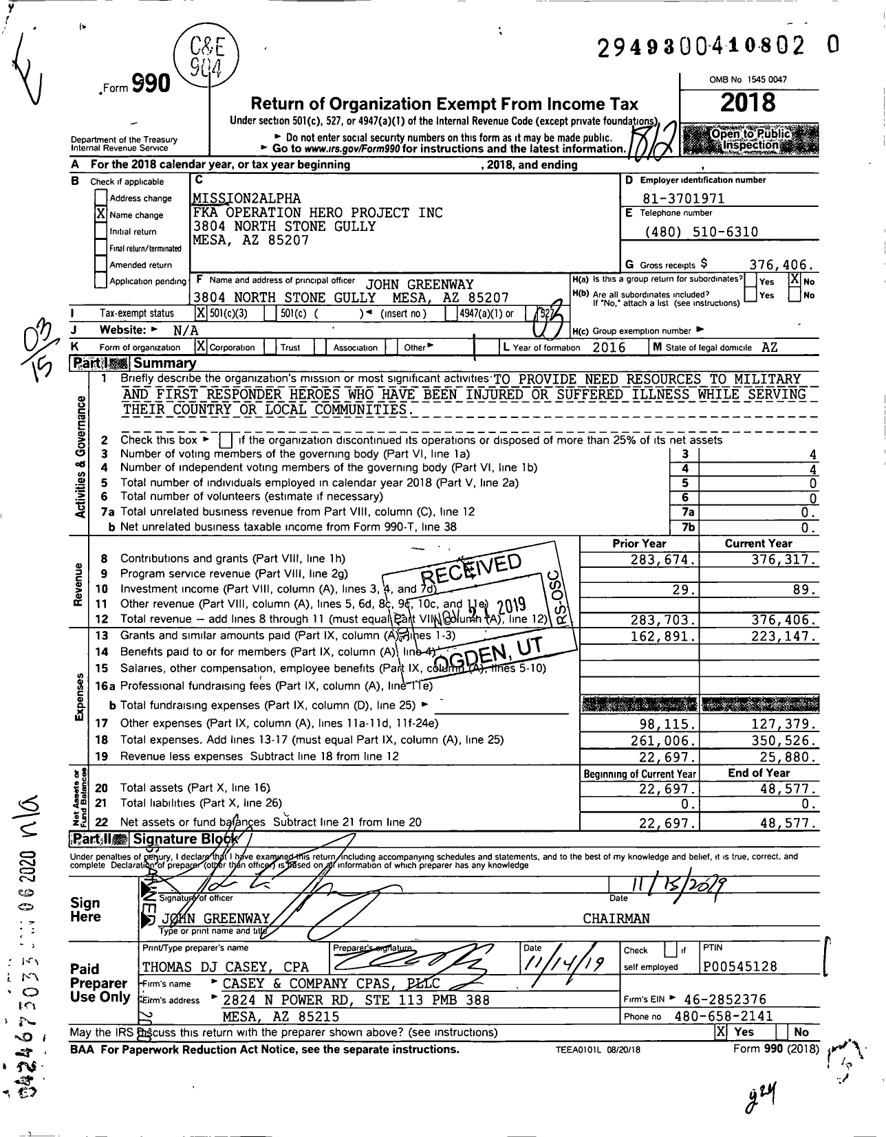 Image of first page of 2018 Form 990 for Mission2Alpha