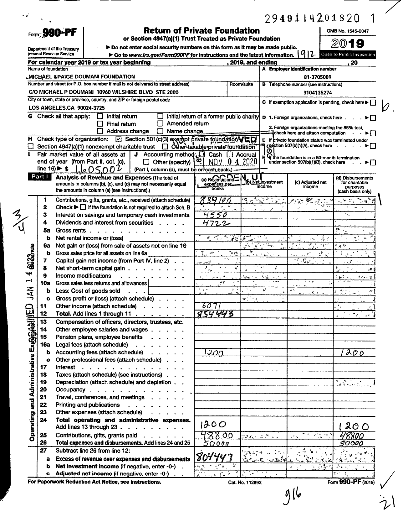 Image of first page of 2019 Form 990PF for Michael and Paige Doumani Foundation